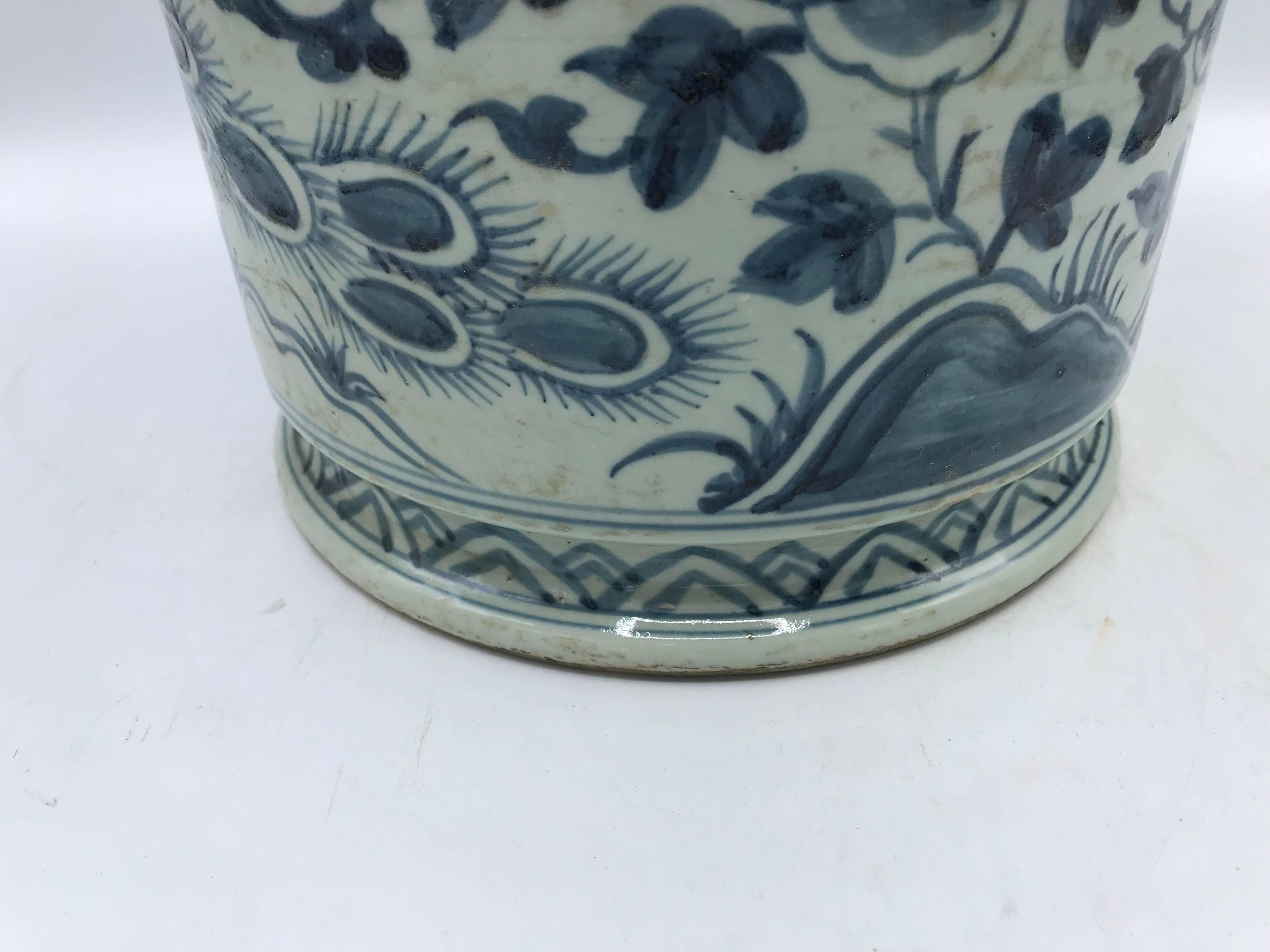 Asian 19th Century Blue and White Cachepot Planter with Peacock and Floral Motif