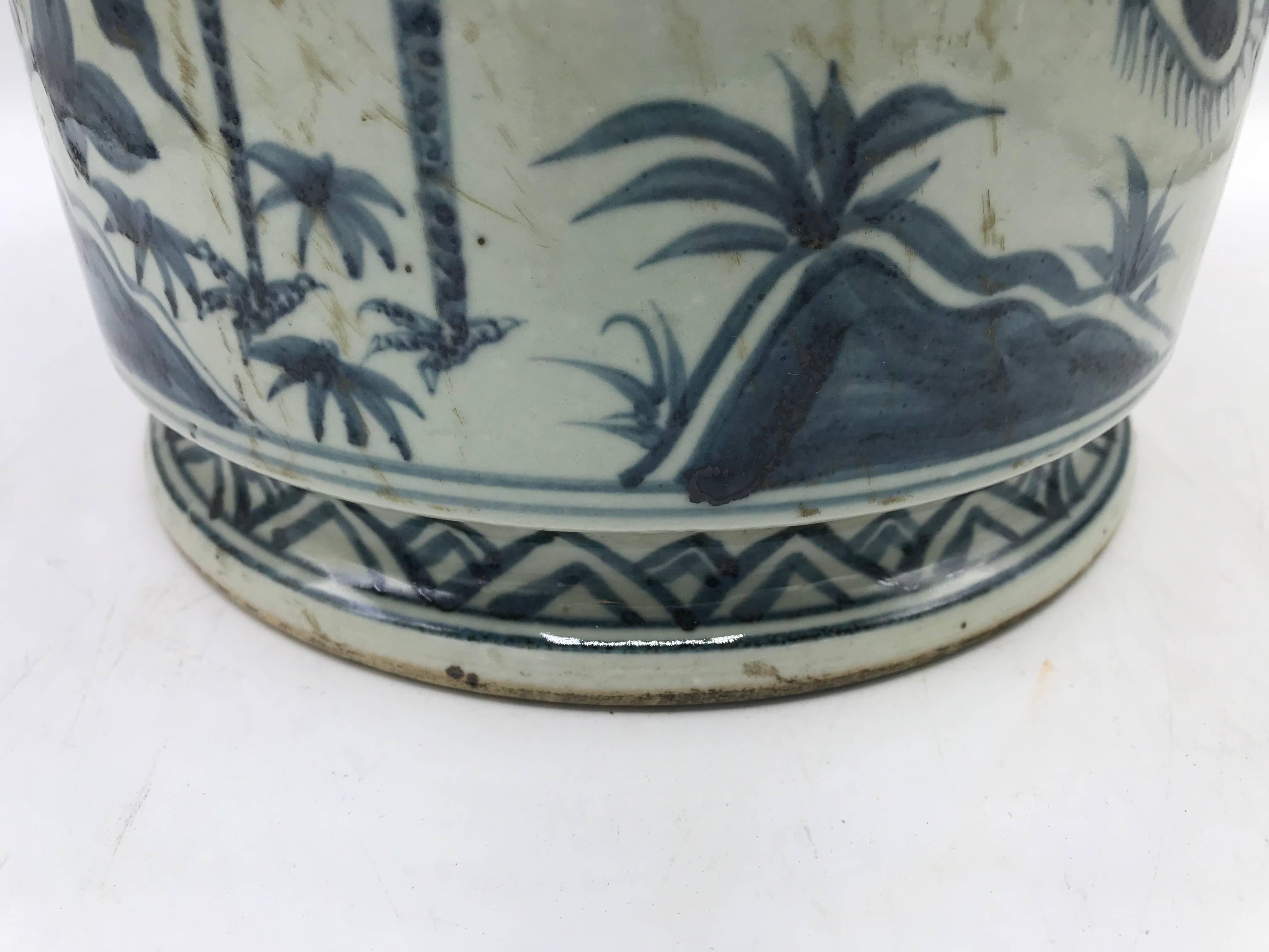 Pottery 19th Century Blue and White Cachepot Planter with Peacock and Floral Motif