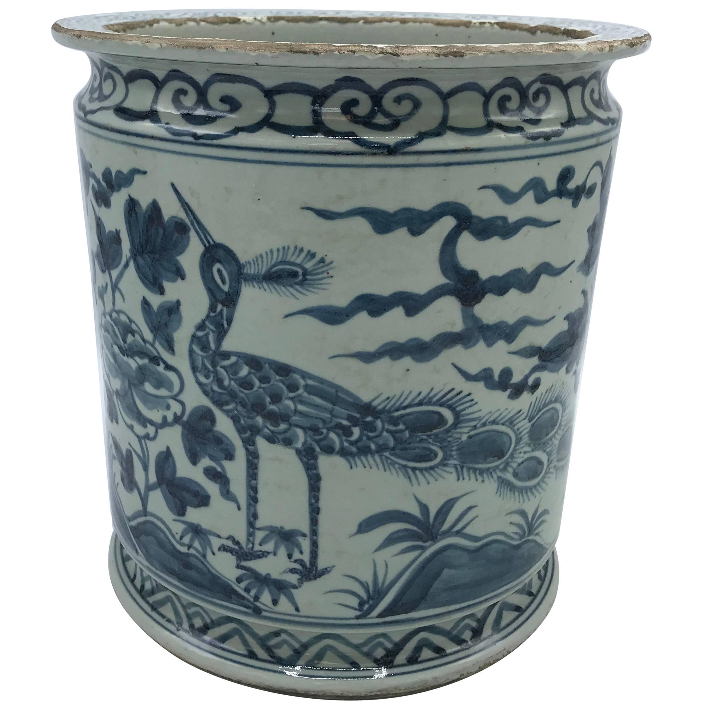 19th Century Blue and White Cachepot Planter with Peacock and Floral Motif