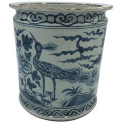 19th Century Blue and White Cachepot Planter with Peacock and Floral Motif