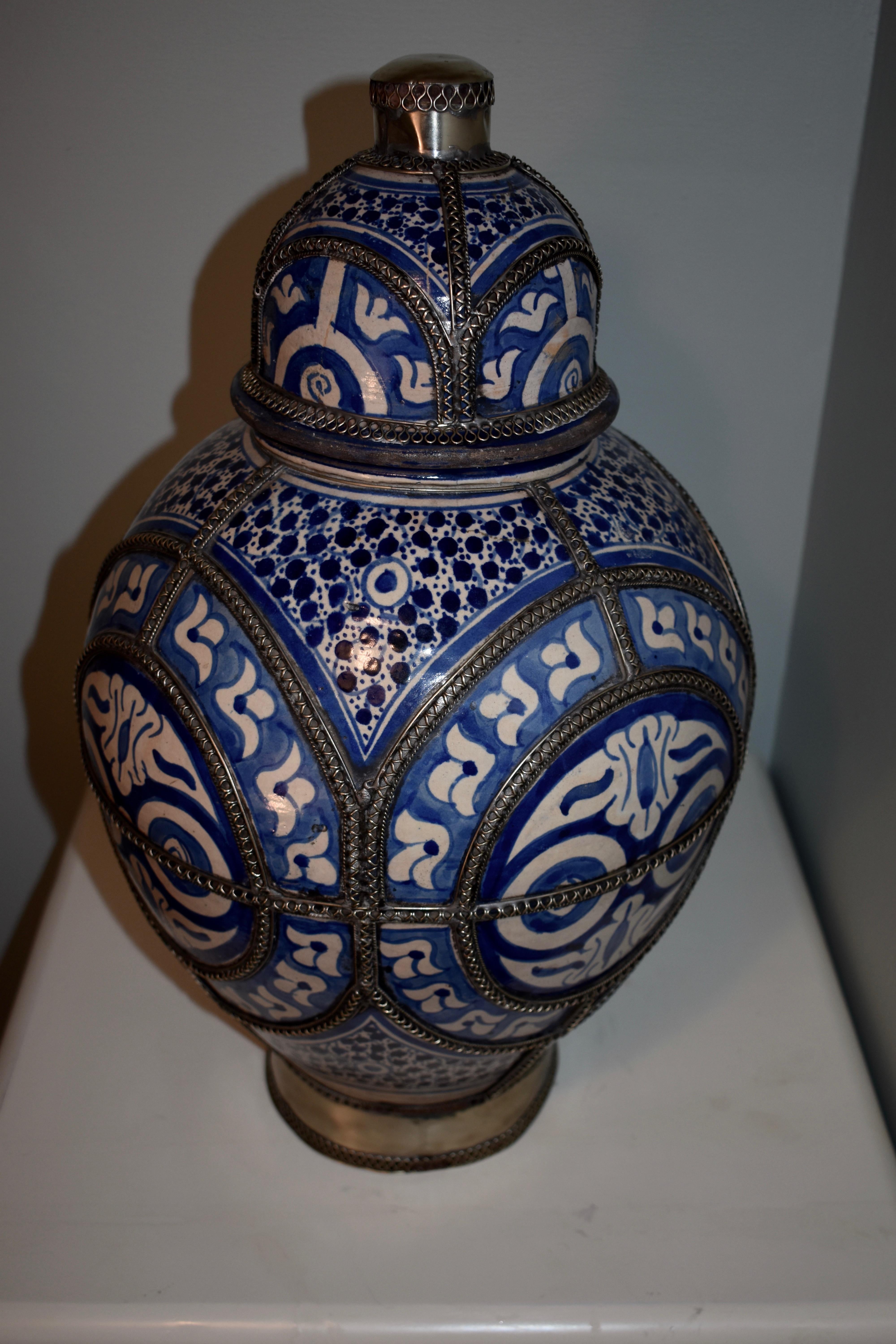 Moorish 19th Century Blue and White Ceramic Urn Vase, Fez, Morocco For Sale