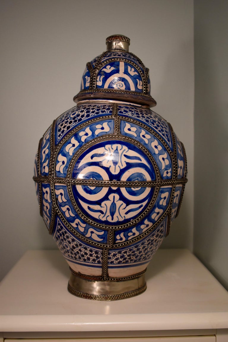 19th Century Blue and White Ceramic Urn Vase, Fez, Morocco For Sale at 1stdibs