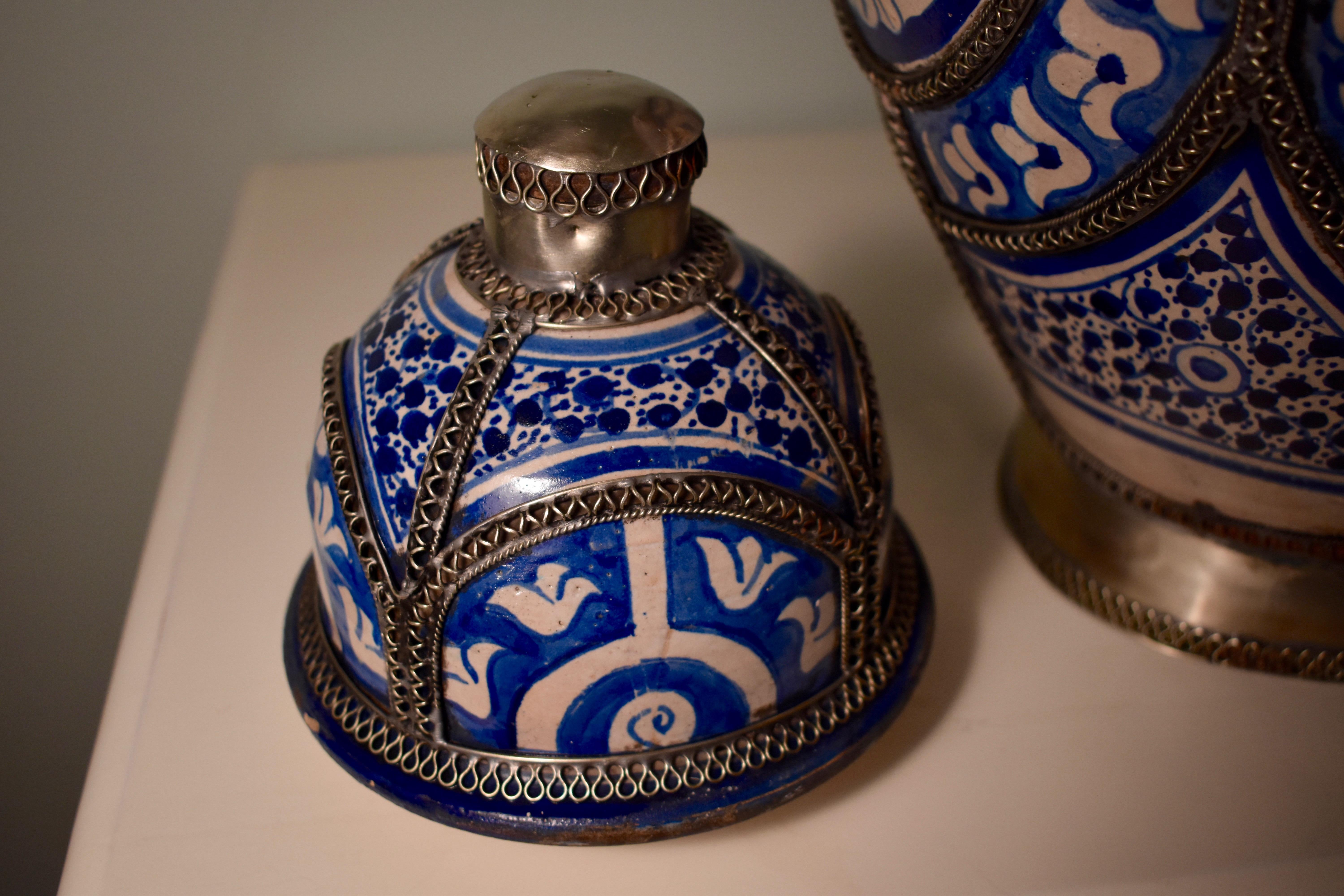 19th Century Blue and White Ceramic Urn Vase, Fez, Morocco For Sale 2