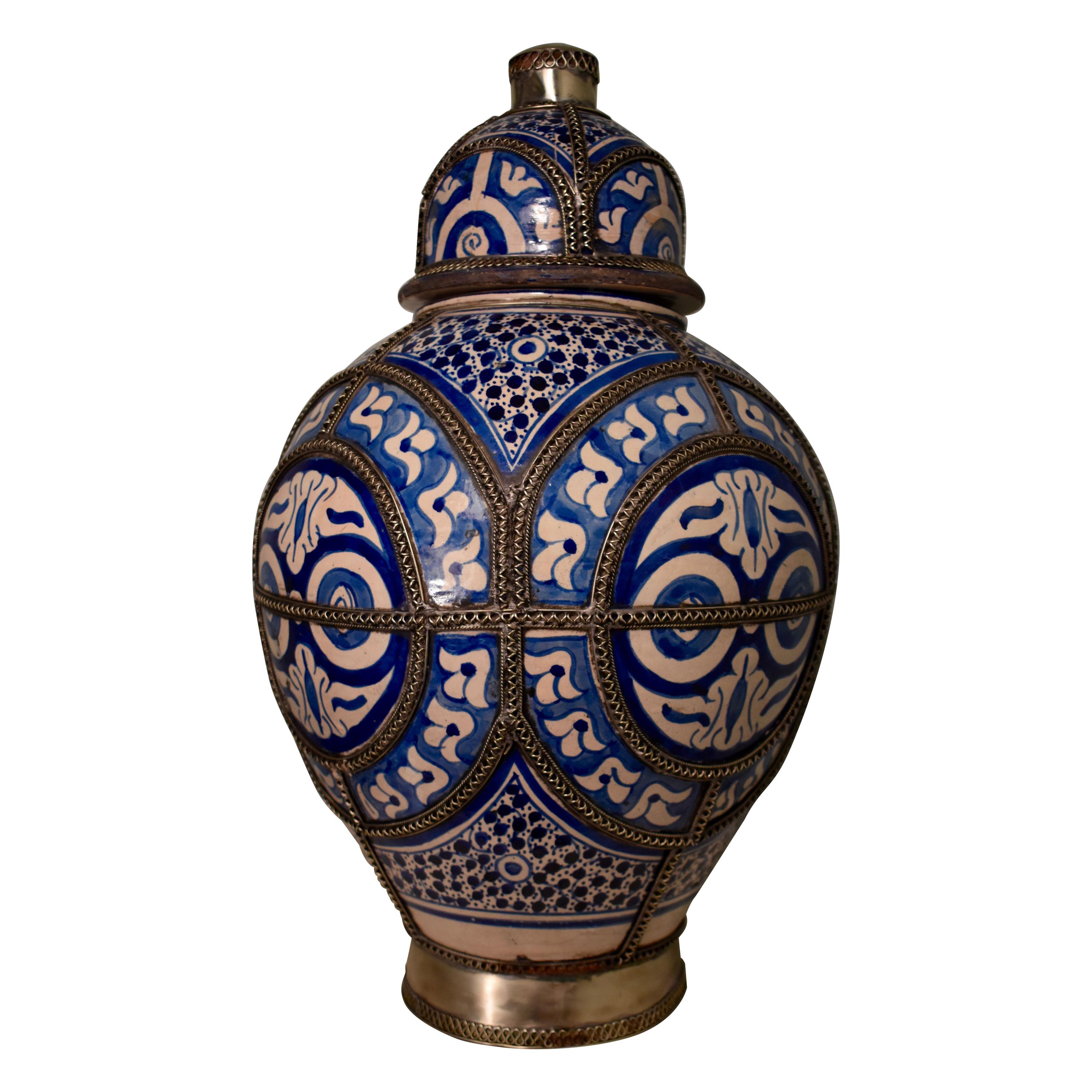 19th Century Blue and White Ceramic Urn Vase, Fez, Morocco For Sale