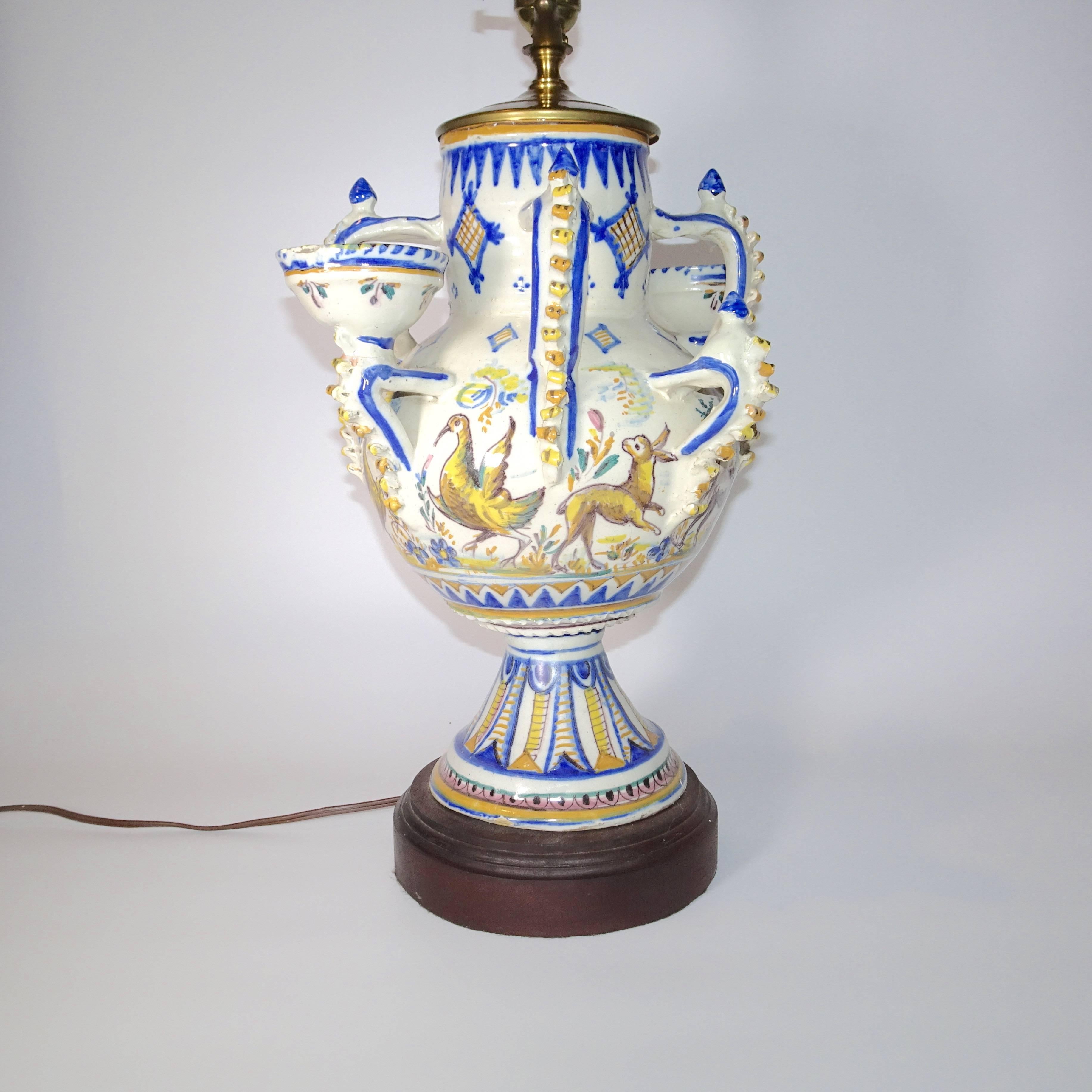 Dutch 19th Century Blue and White Delft Vase made into Table Lamp on Wood Base