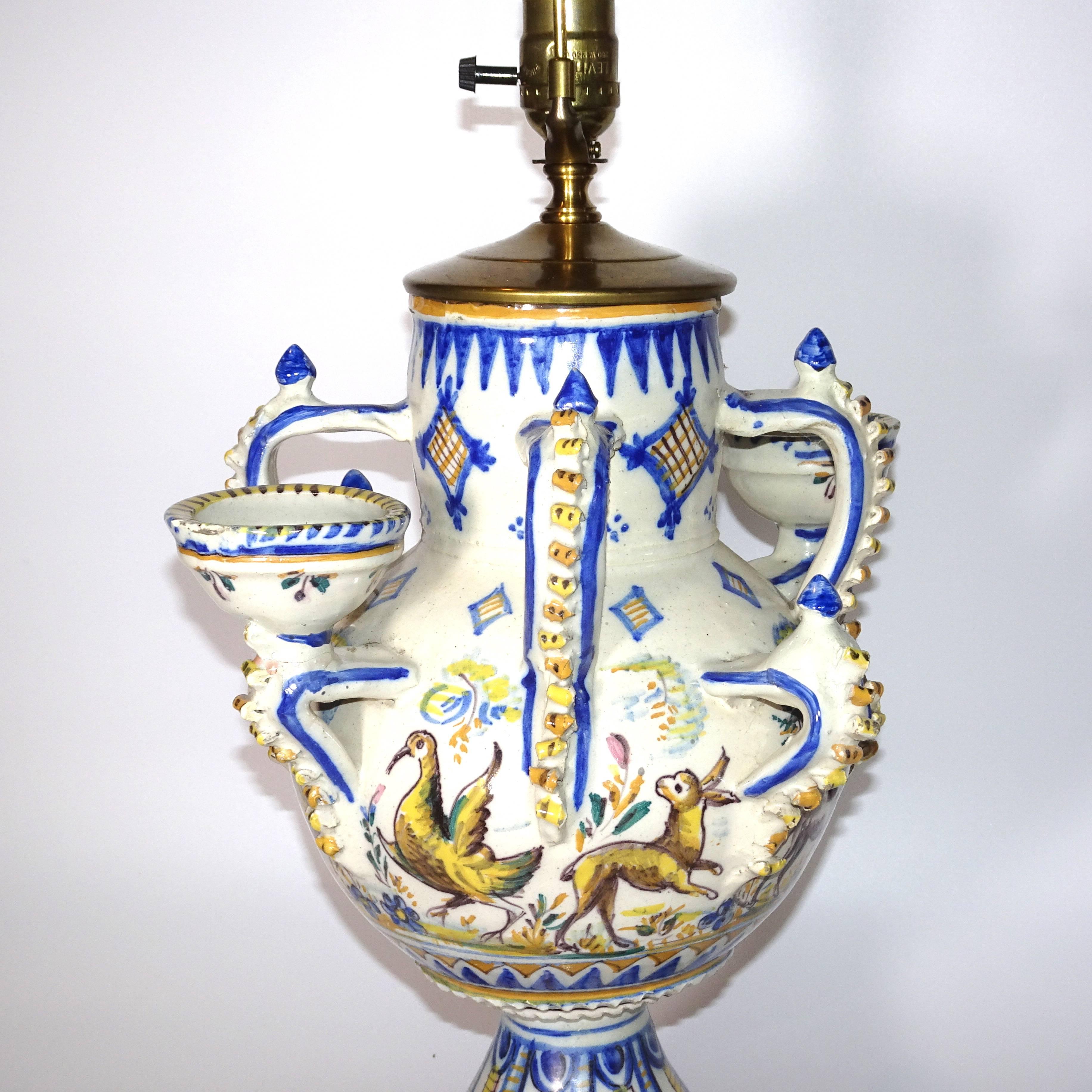 19th Century Blue and White Delft Vase made into Table Lamp on Wood Base In Good Condition In Nashville, TN