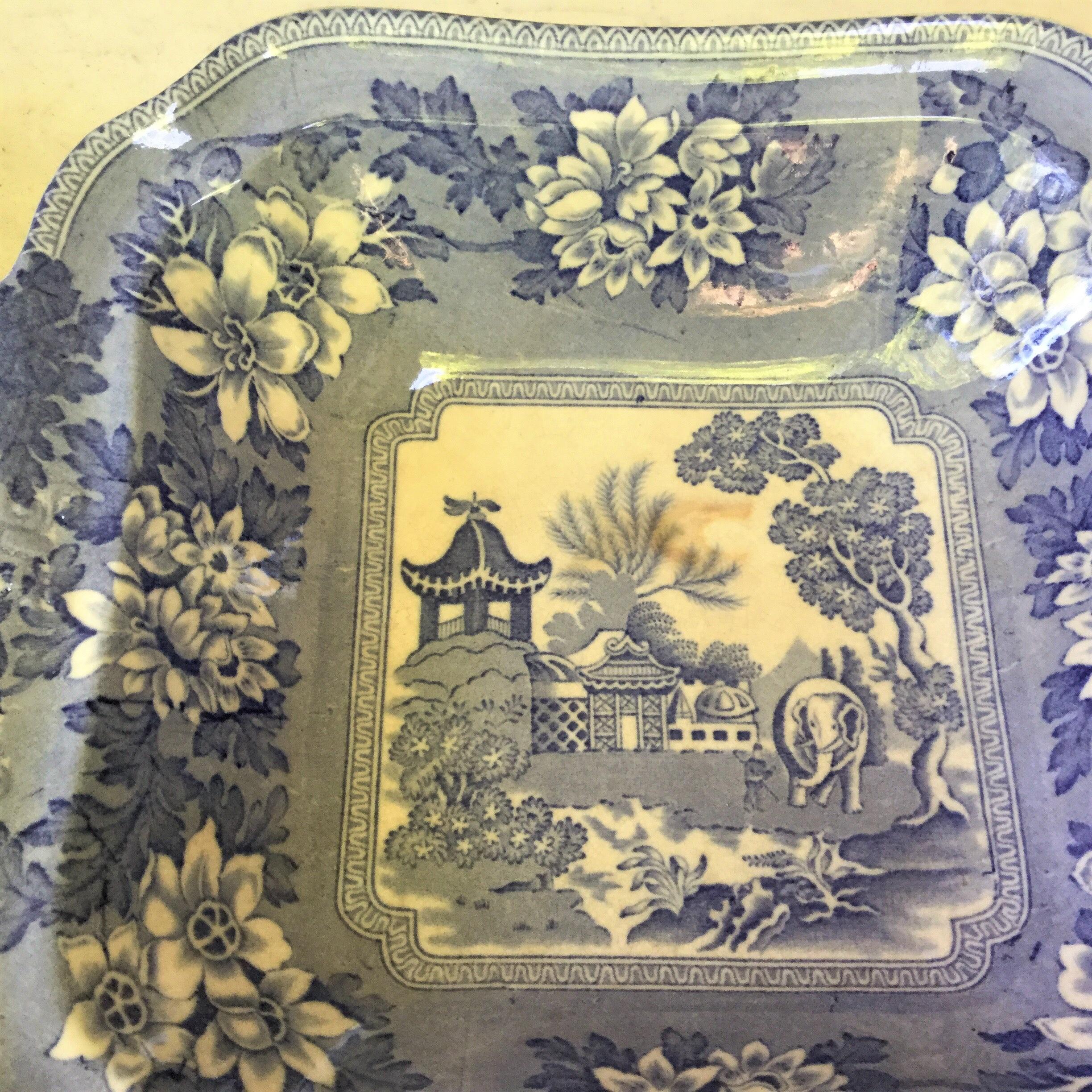 19th Century Blue and White Elephant Bowl Chinoiserie Pagoda Burslem In Good Condition In Austin, TX