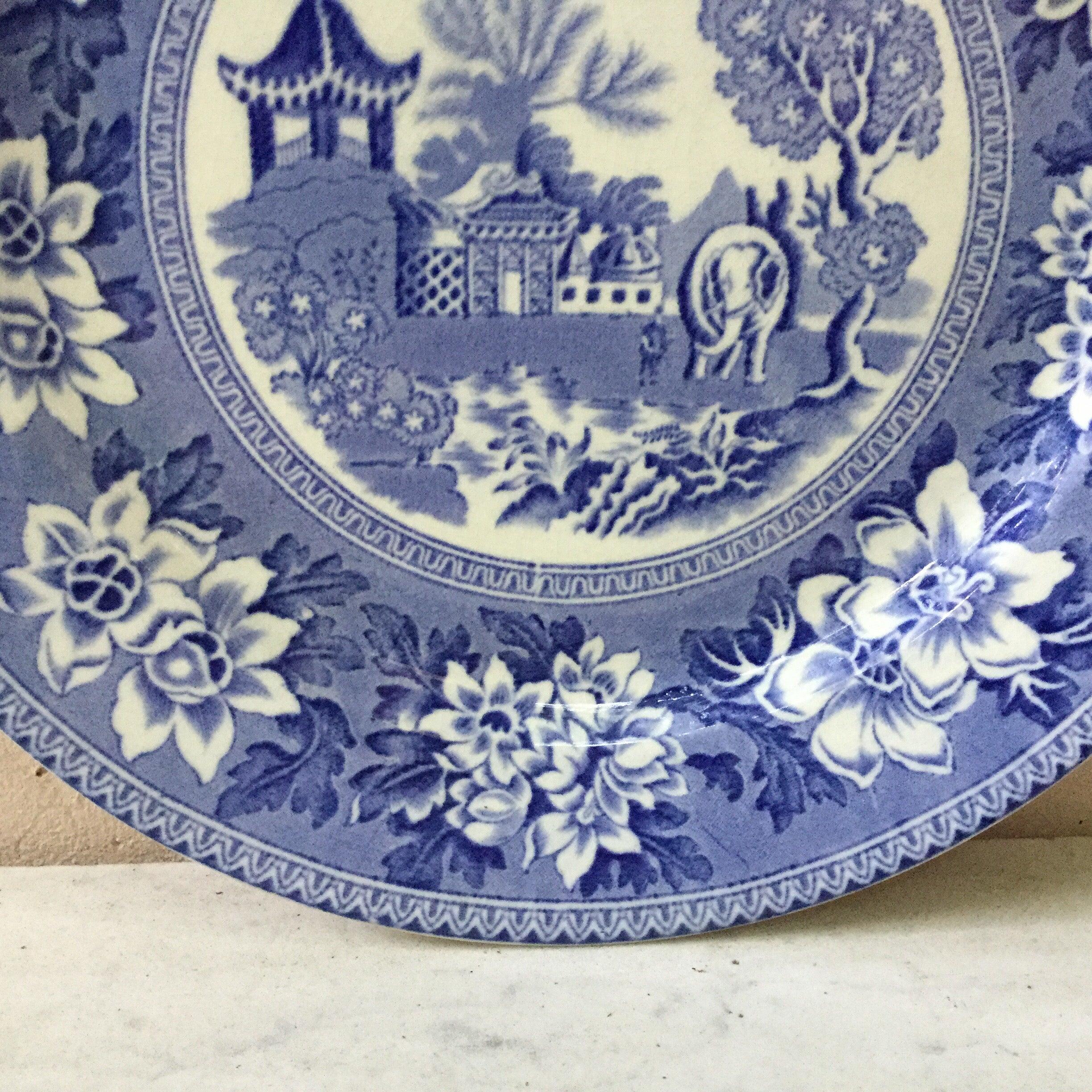 British 19th Century Blue and White Elephant Platter Chinoiserie Pagoda Burslem