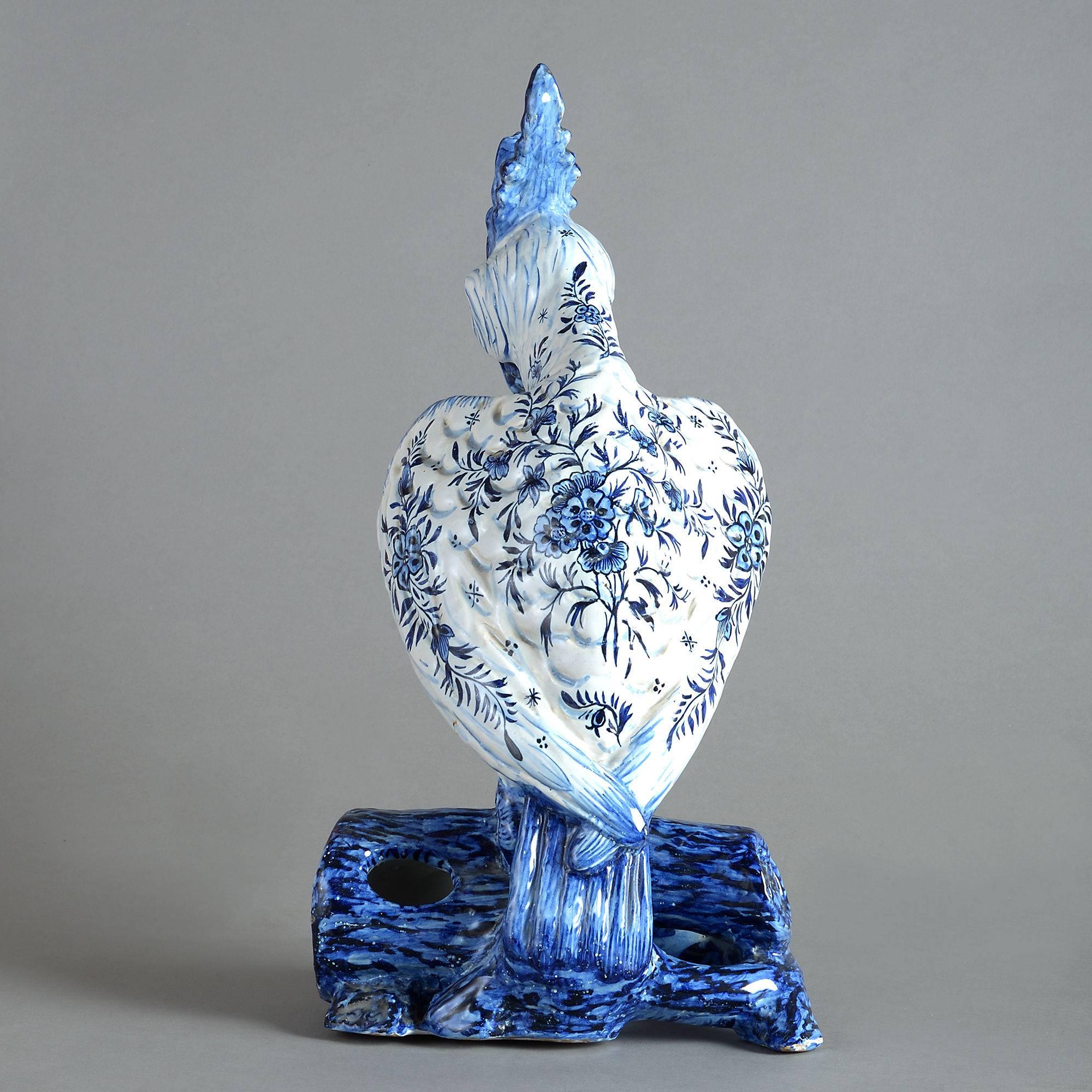 English 19th Century Blue and White Faience Pottery Parrot