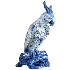 19th Century Blue and White Faience Pottery Parrot