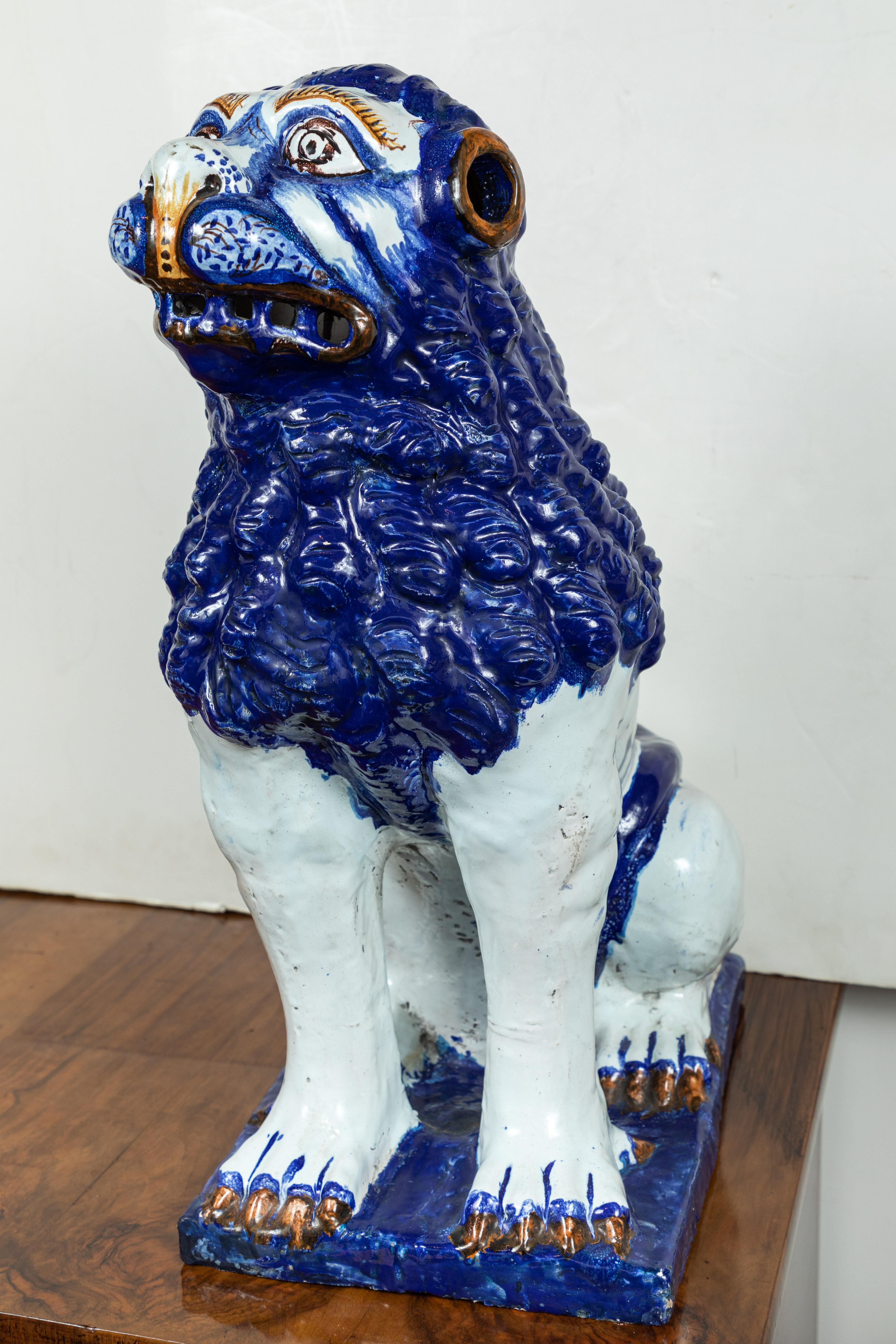 French 19th Century, Blue and White Foo Dogs For Sale