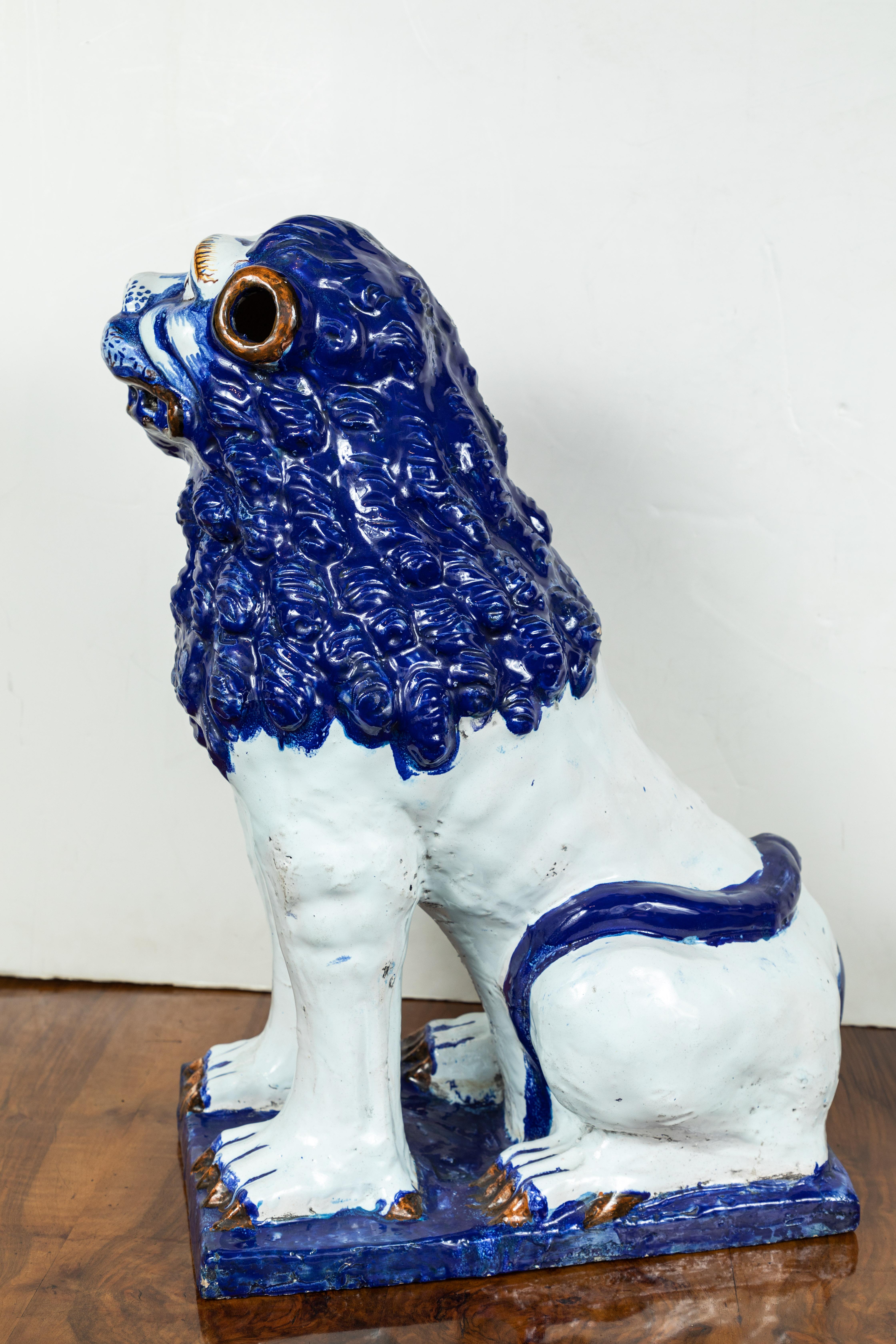 Glazed 19th Century, Blue and White Foo Dogs For Sale