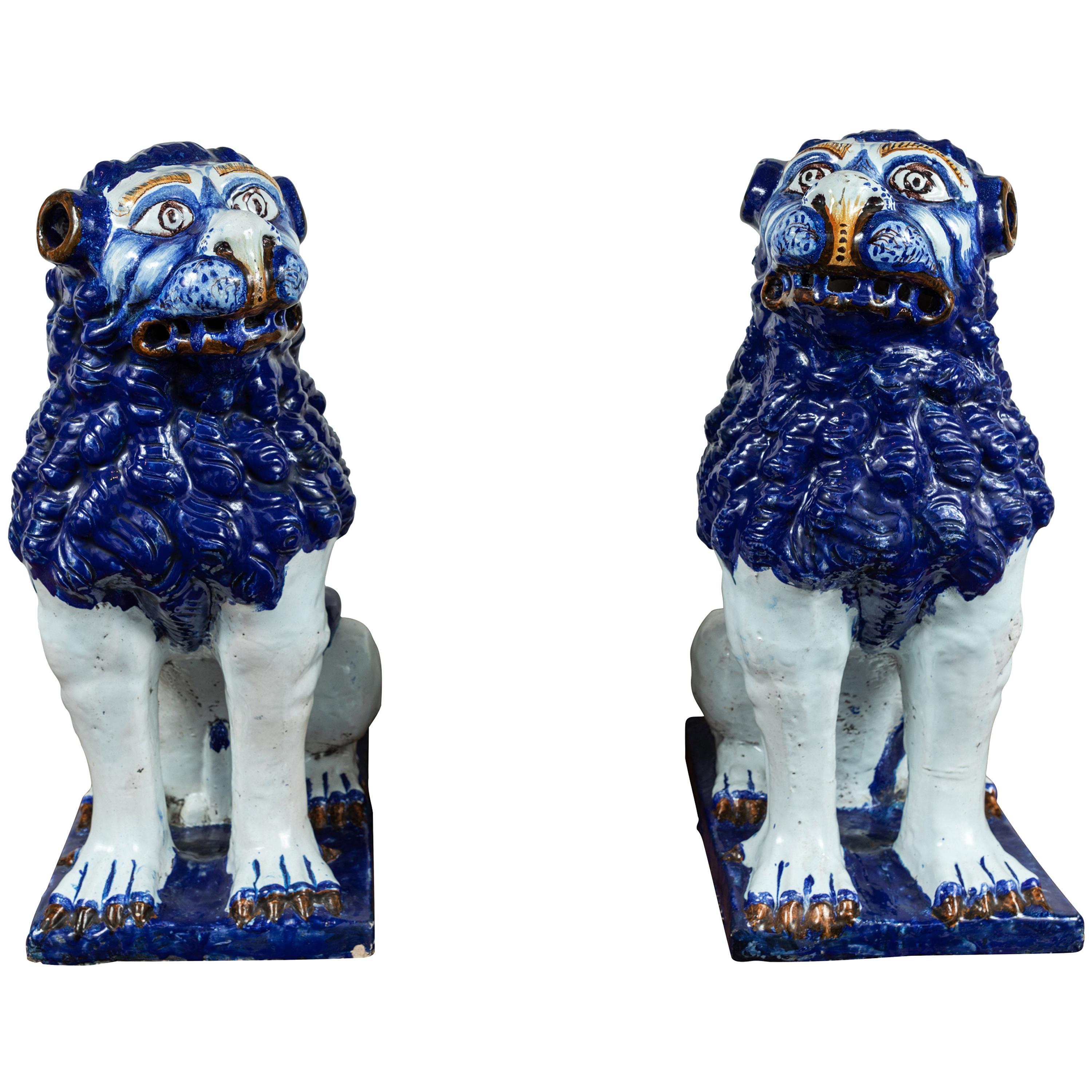 19th Century, Blue and White Foo Dogs