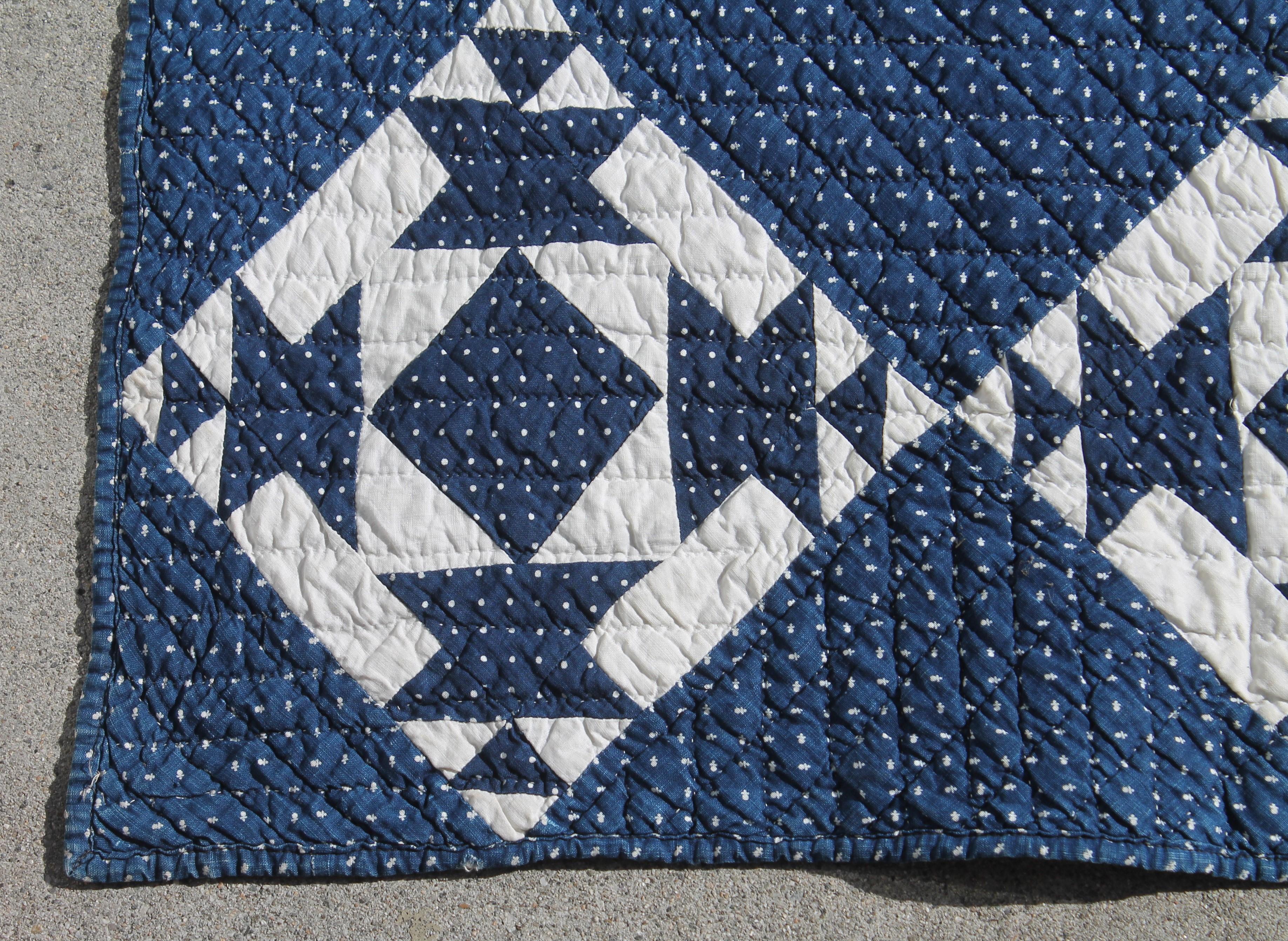 Country 19th Century Blue and White Geometric Quilt