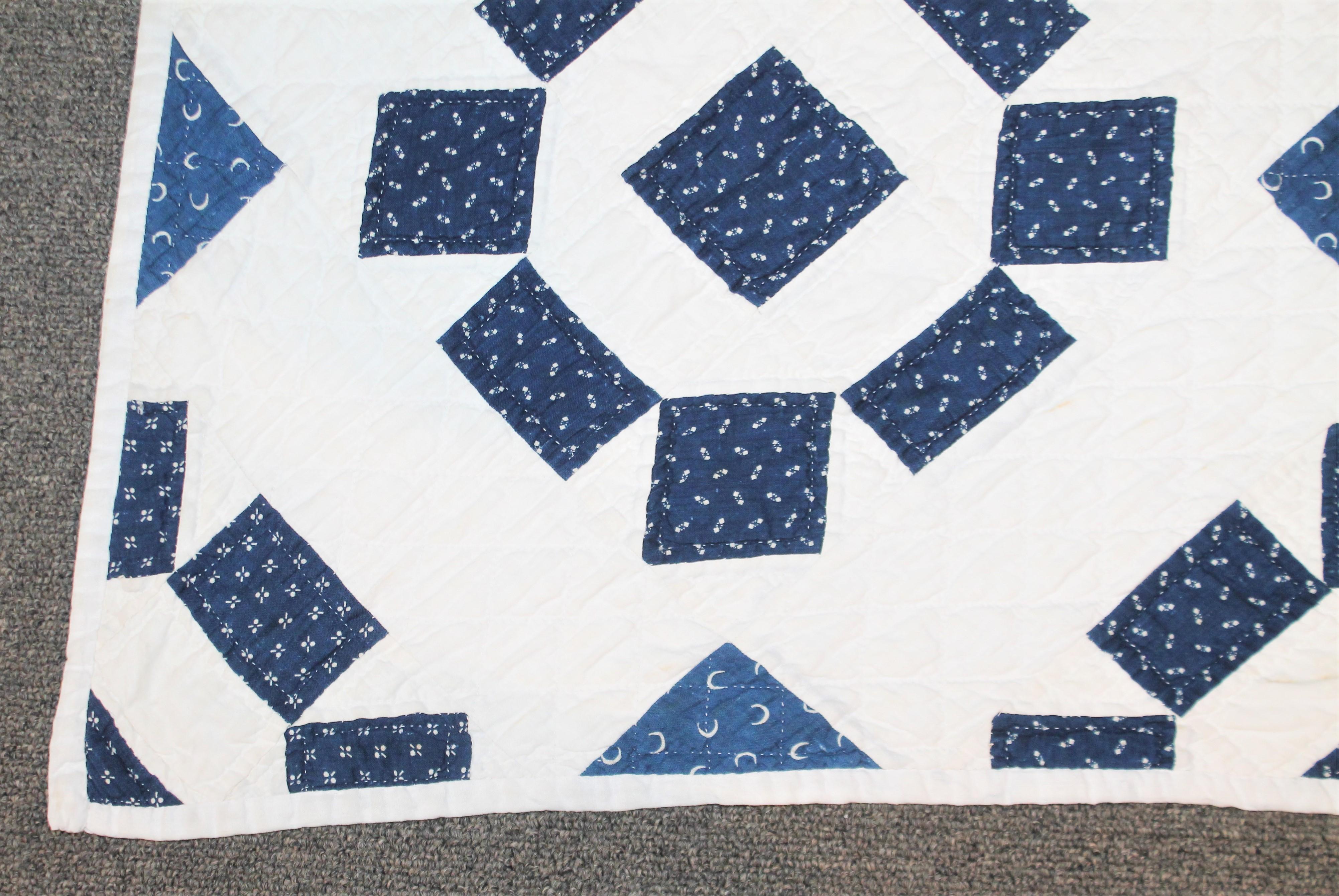 Country 19th Century Blue and White Geometric Quilt For Sale