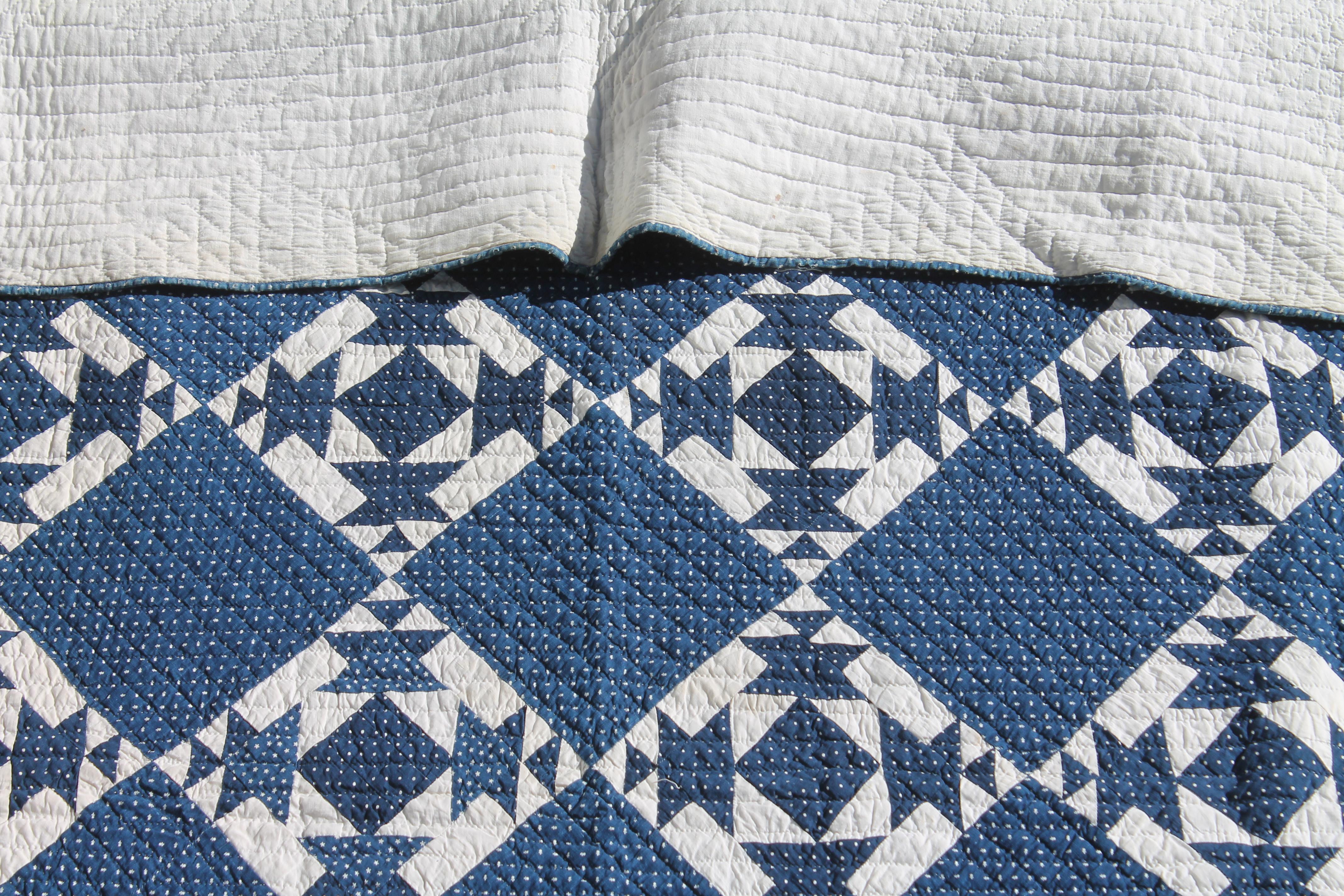 Hand-Crafted 19th Century Blue and White Geometric Quilt