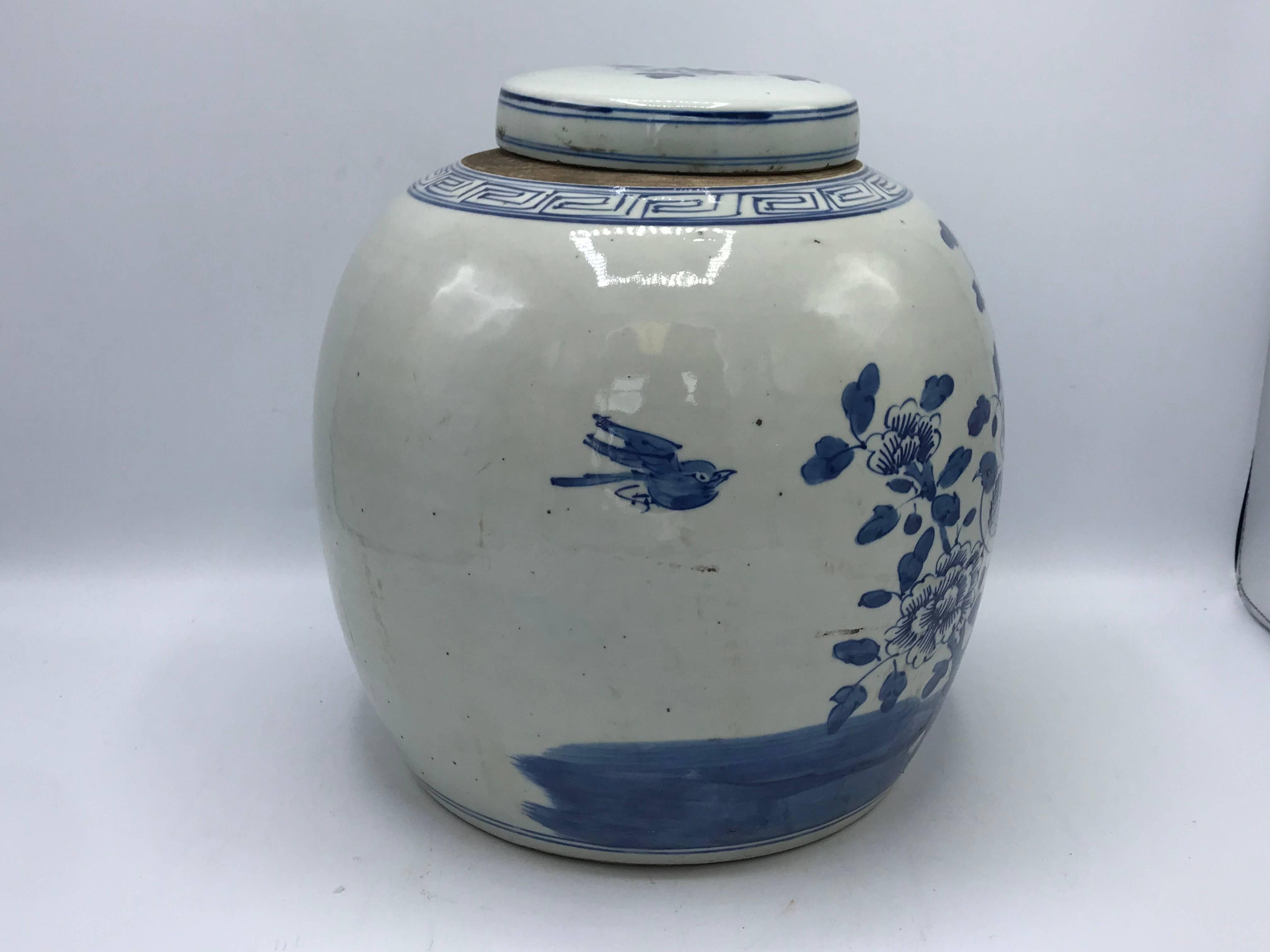 Asian 19th Century Blue and White Ginger Jar with Bird and Floral Motif