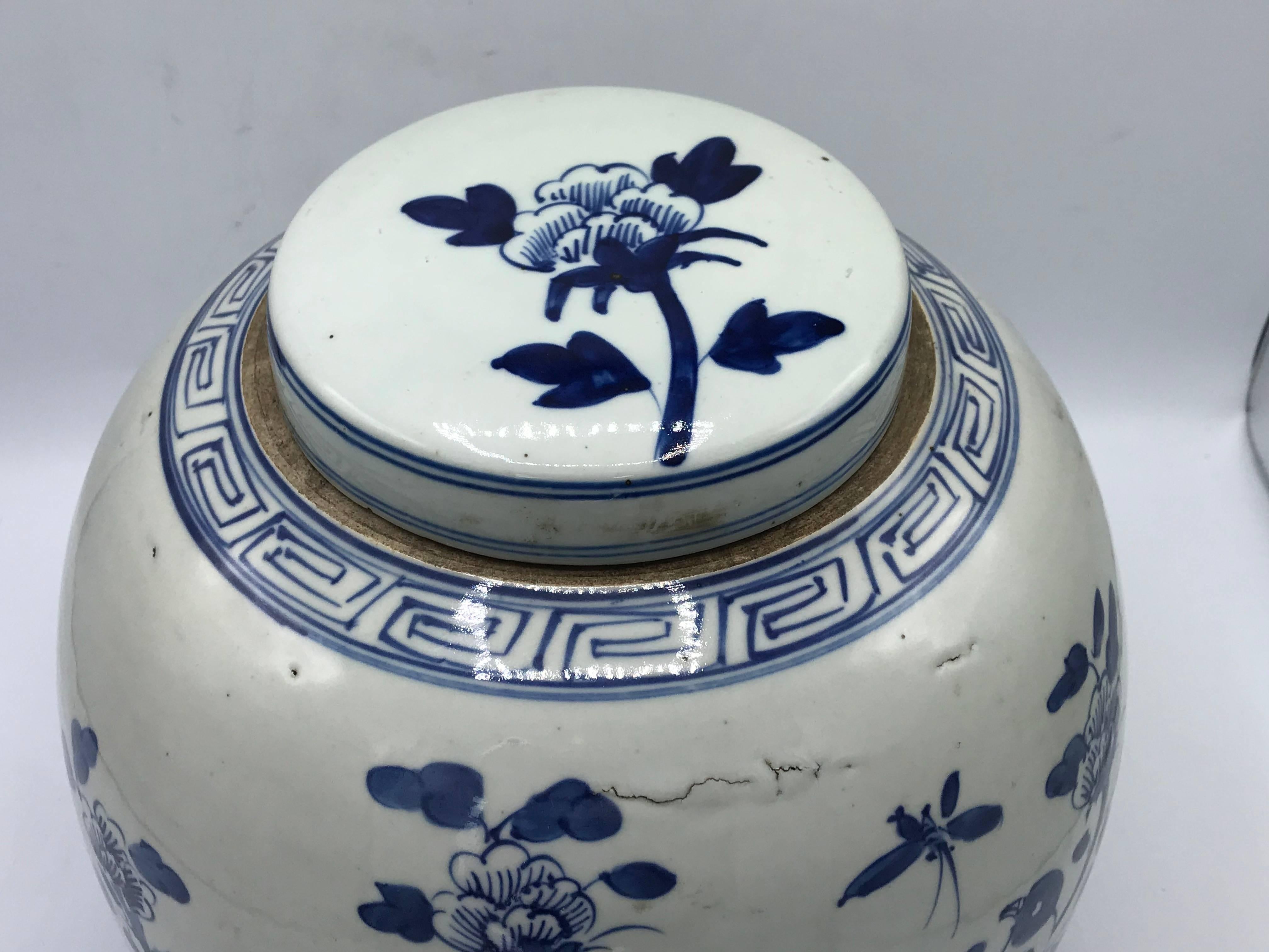 19th Century Blue and White Ginger Jar with Bird and Floral Motif In Excellent Condition In Richmond, VA