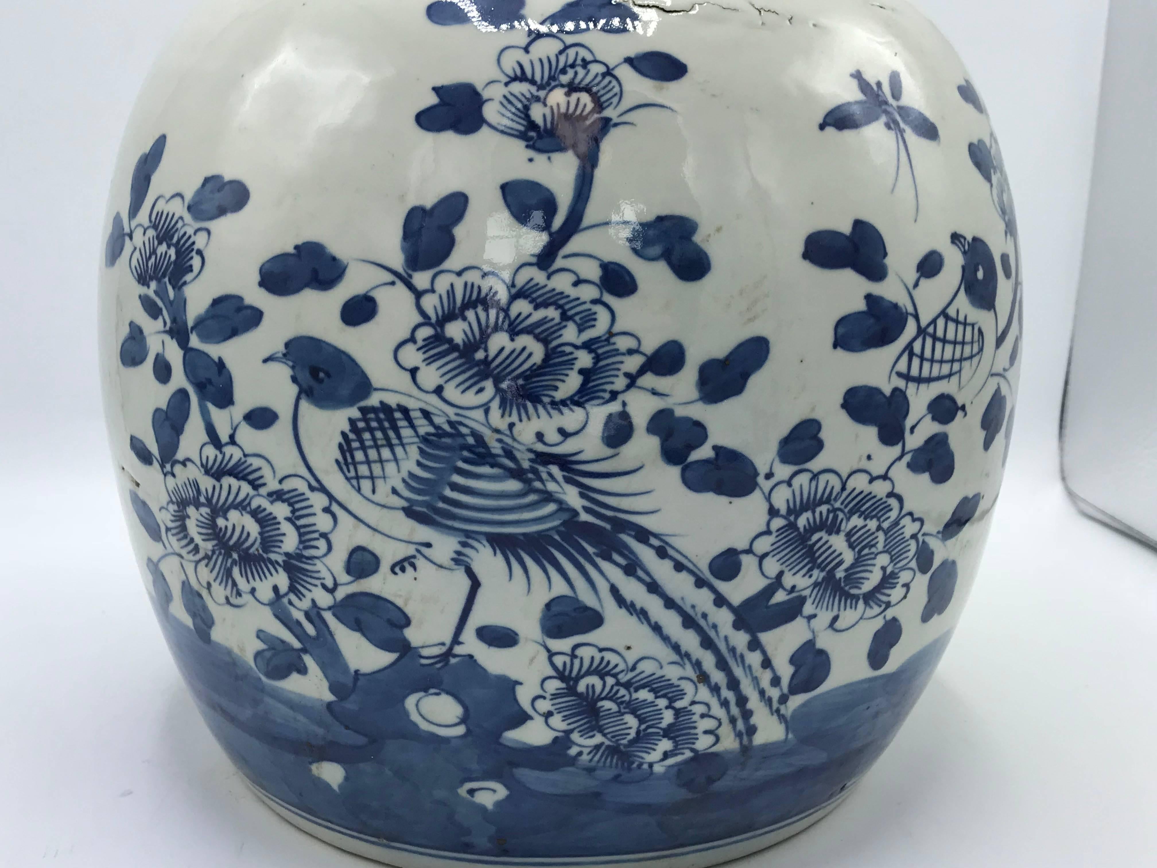 Pottery 19th Century Blue and White Ginger Jar with Bird and Floral Motif