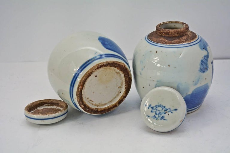 Pottery 19th Century Blue and White Ginger Jar with Figurative Motif, Pair For Sale