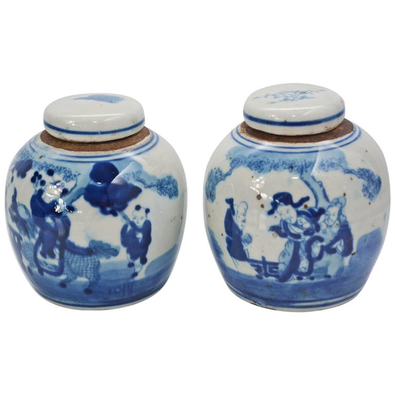 19th Century Blue and White Ginger Jar with Figurative Motif, Pair For Sale