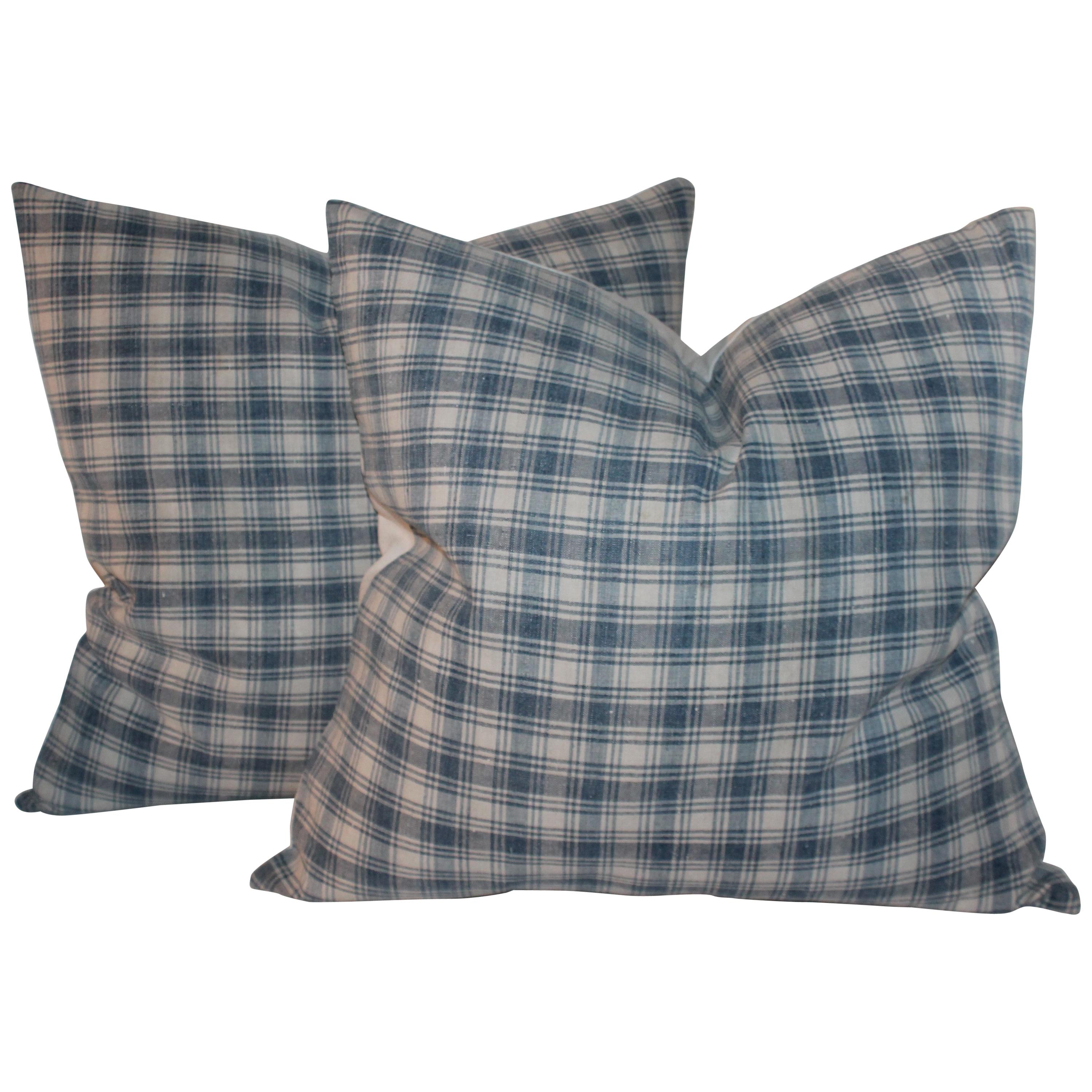 19th Century Blue and White Linen Pillows, Pair For Sale