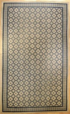 19th Century Blue and White Lotus Flower Chinese Rug, circa 1850