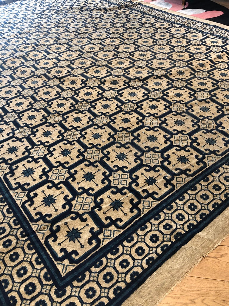 19th Century Blue and White Lotus Flower Chinese Rug, circa 1850 at 1stDibs