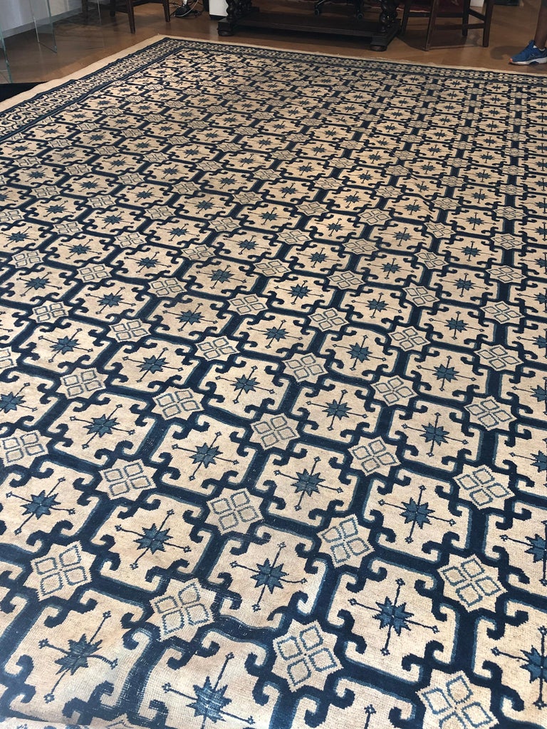 19th Century Blue and White Lotus Flower Chinese Rug, circa 1850 at 1stDibs