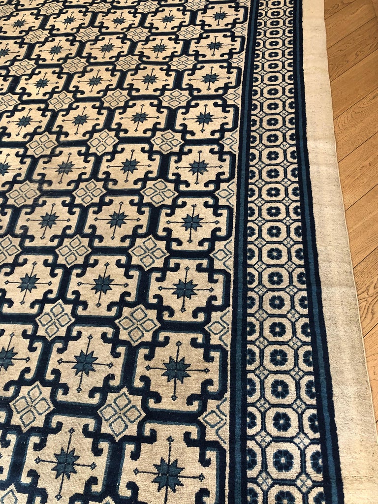 19th Century Blue and White Lotus Flower Chinese Rug, circa 1850 at 1stDibs