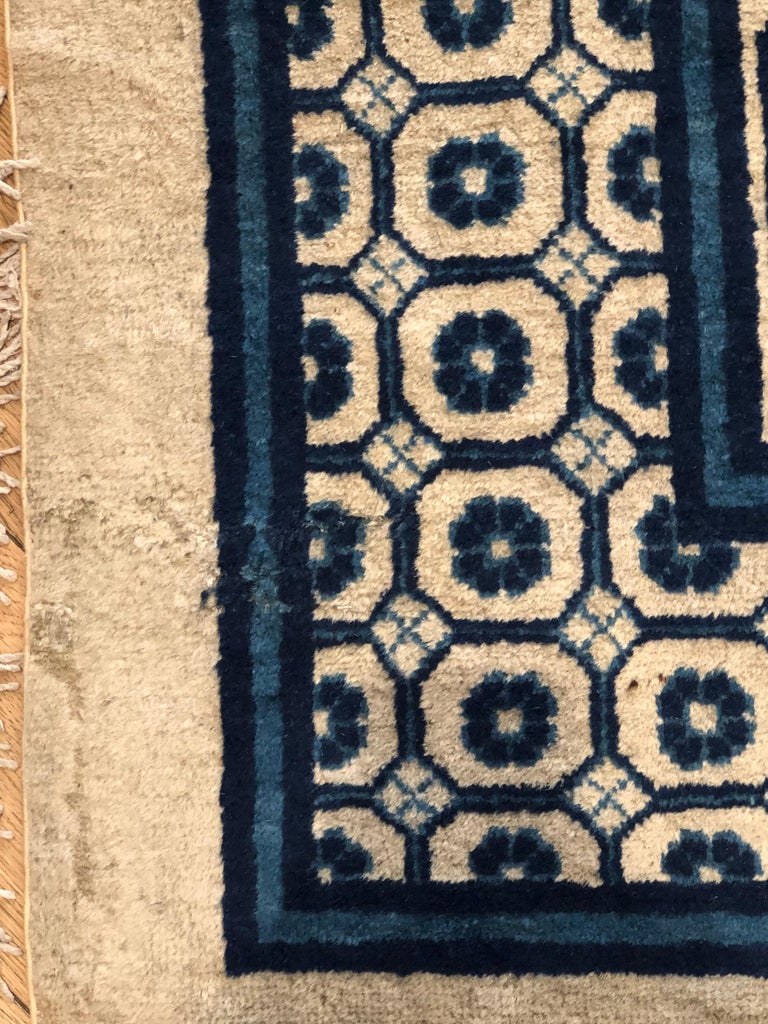 19th Century Blue and White Lotus Flower Chinese Rug, circa 1850 at 1stDibs