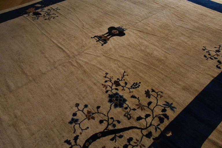 19th Century Blue and White Lotus Flowers Cream Peking Chinese Rug in ...
