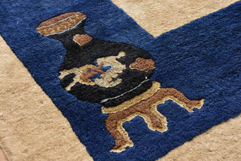19th Century Blue and White Lotus Flowers Cream Peking Chinese Rug in ...