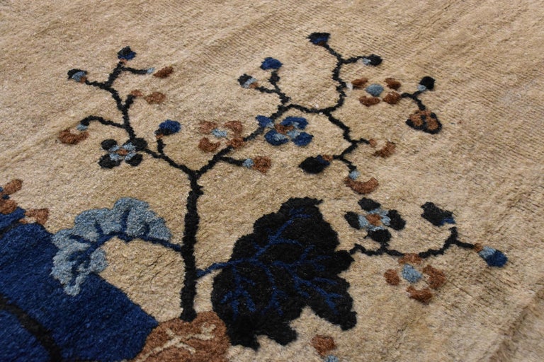 19th Century Blue and White Lotus Flowers Cream Peking Chinese Rug in ...