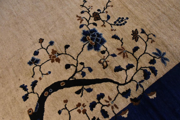 19th Century Blue and White Lotus Flowers Cream Peking Chinese Rug in ...