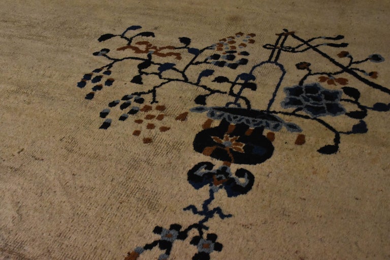19th Century Blue and White Lotus Flowers Cream Peking Chinese Rug in ...