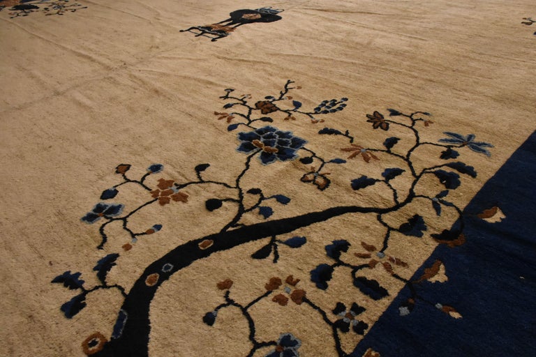 19th Century Blue and White Lotus Flowers Cream Peking Chinese Rug in ...