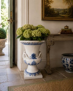 19th Century Blue and White Majolica Grecian Urn with Jupiter Ammon Motifs