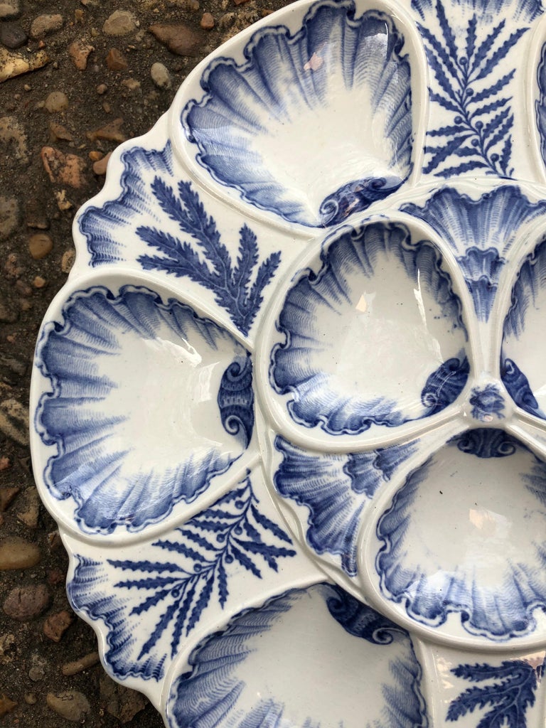 Victorian 19th Century Blue and White Oyster Plate Vieillard Bordeaux For Sale