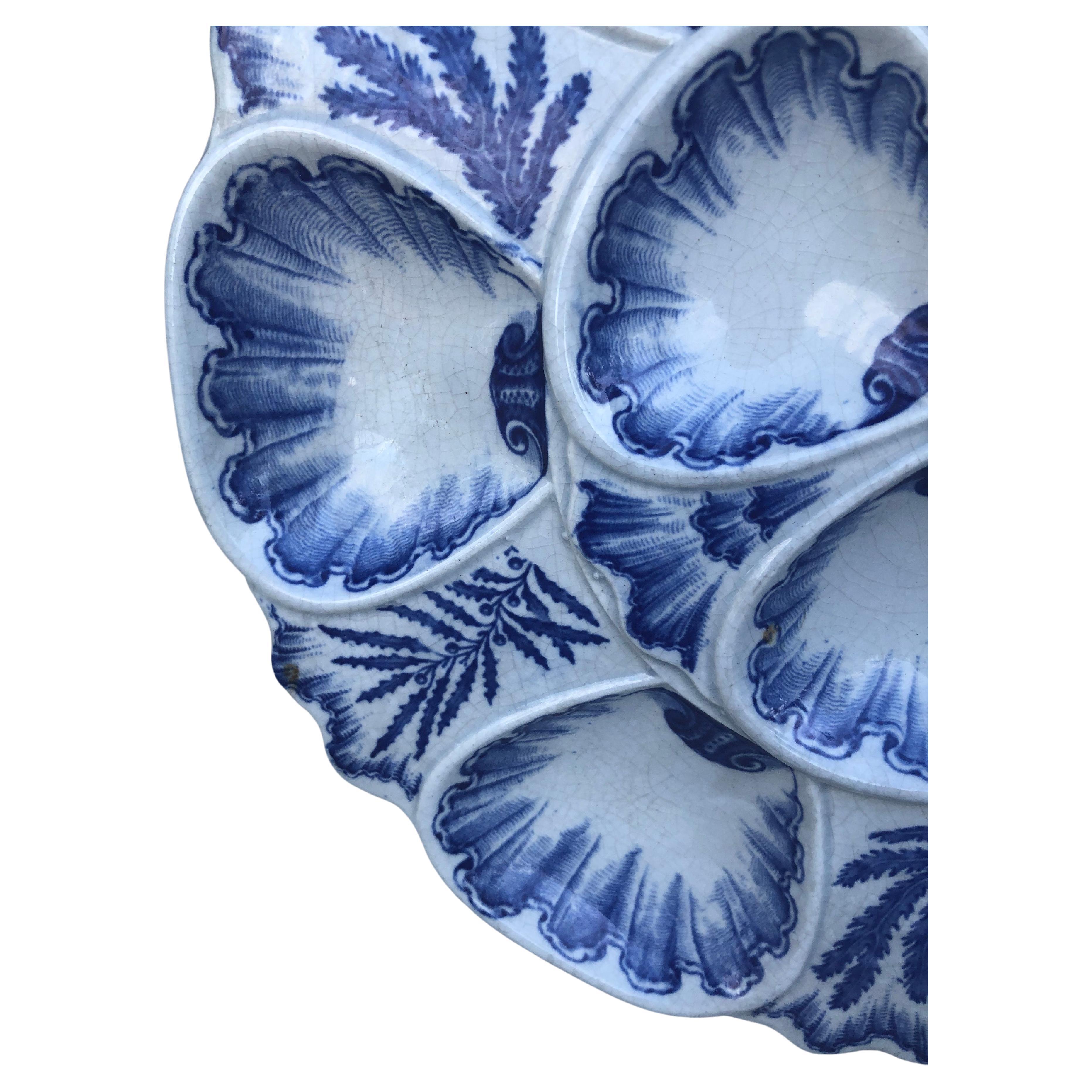 Victorian 19th Century Blue and White Oyster Plate Vieillard Bordeaux For Sale