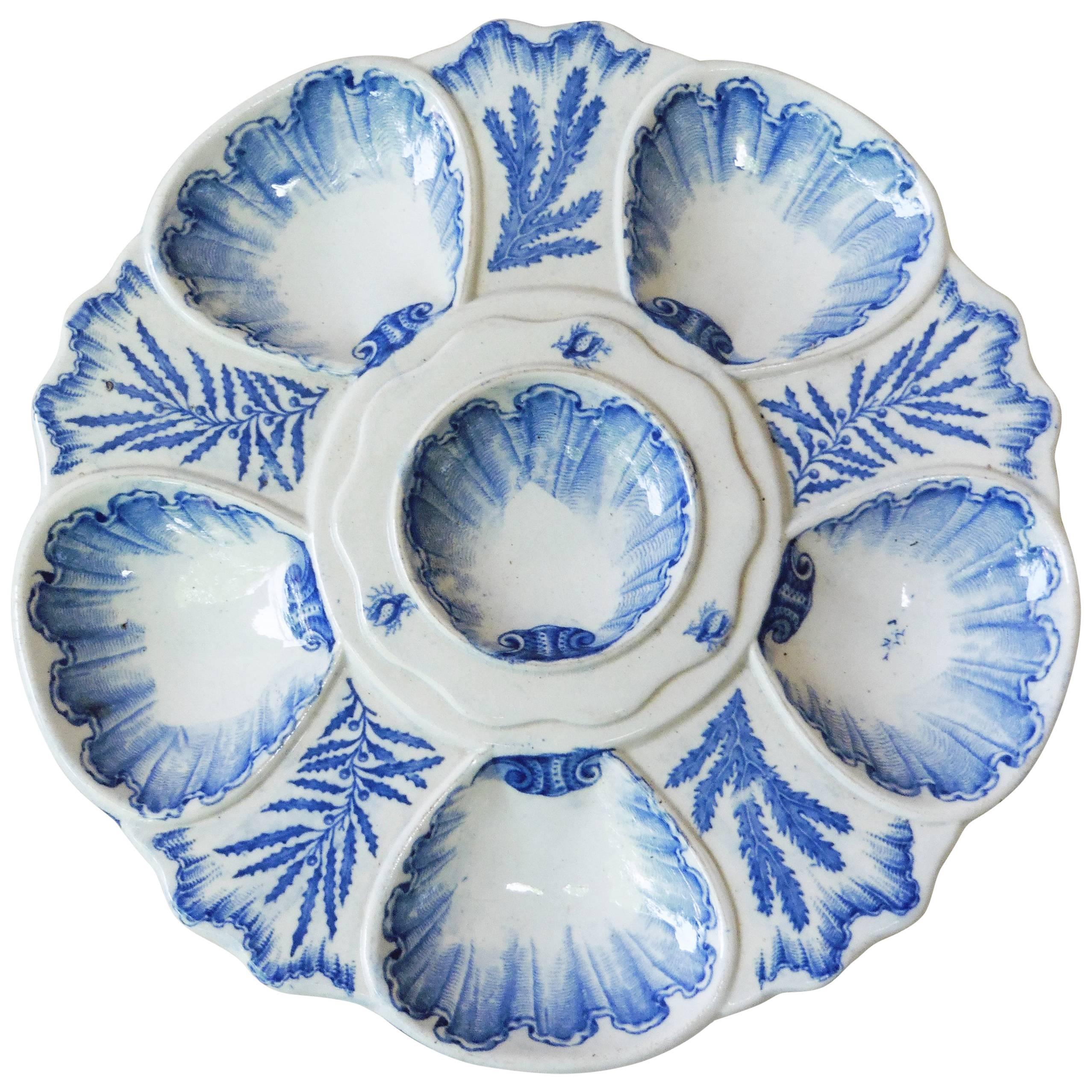 19th Century Blue and White Seaweeds Oyster Plate Bordeaux