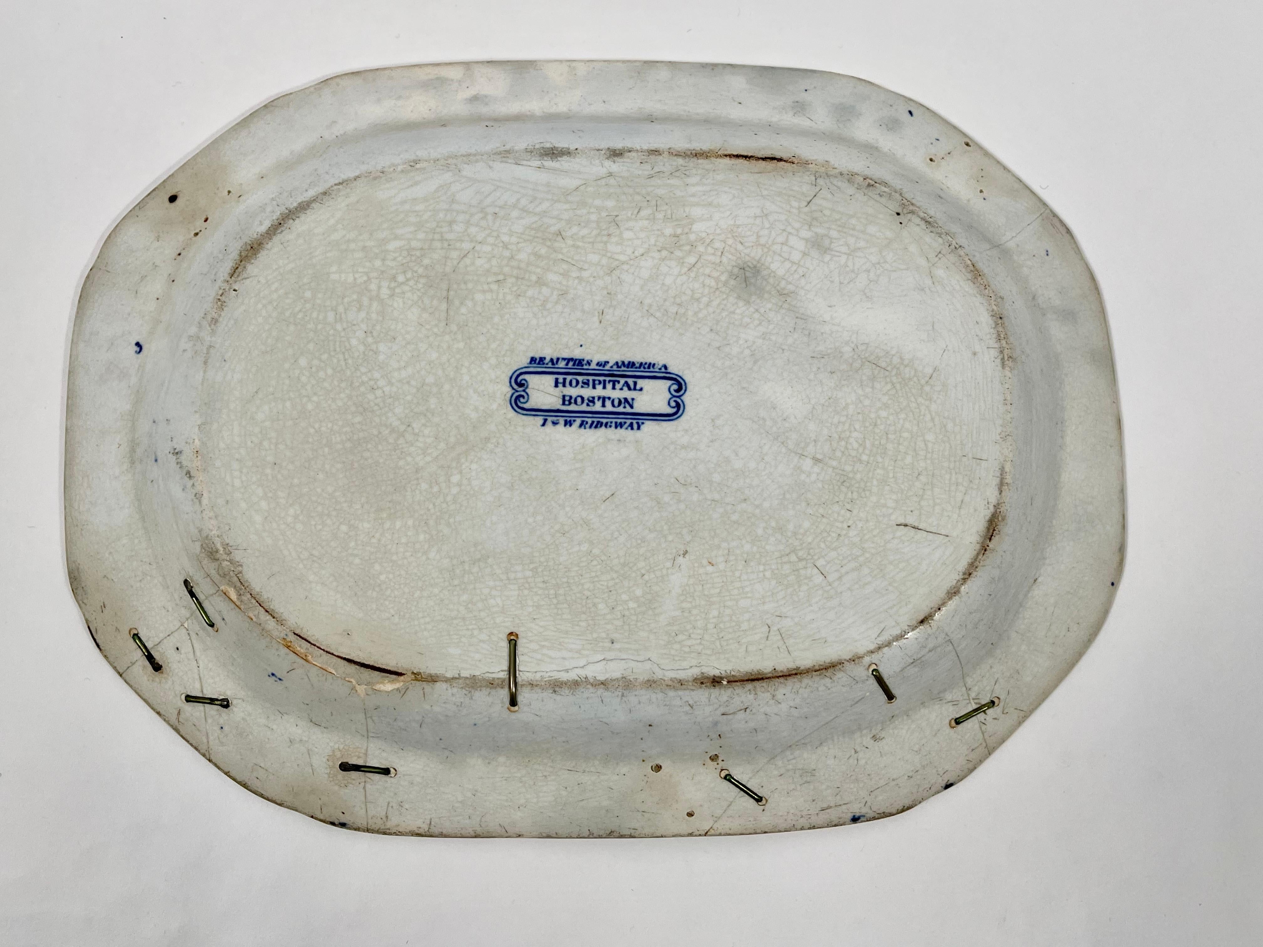 19th Century Blue and White Staffordshire Mass General Hospital Platter In Distressed Condition In Essex, MA