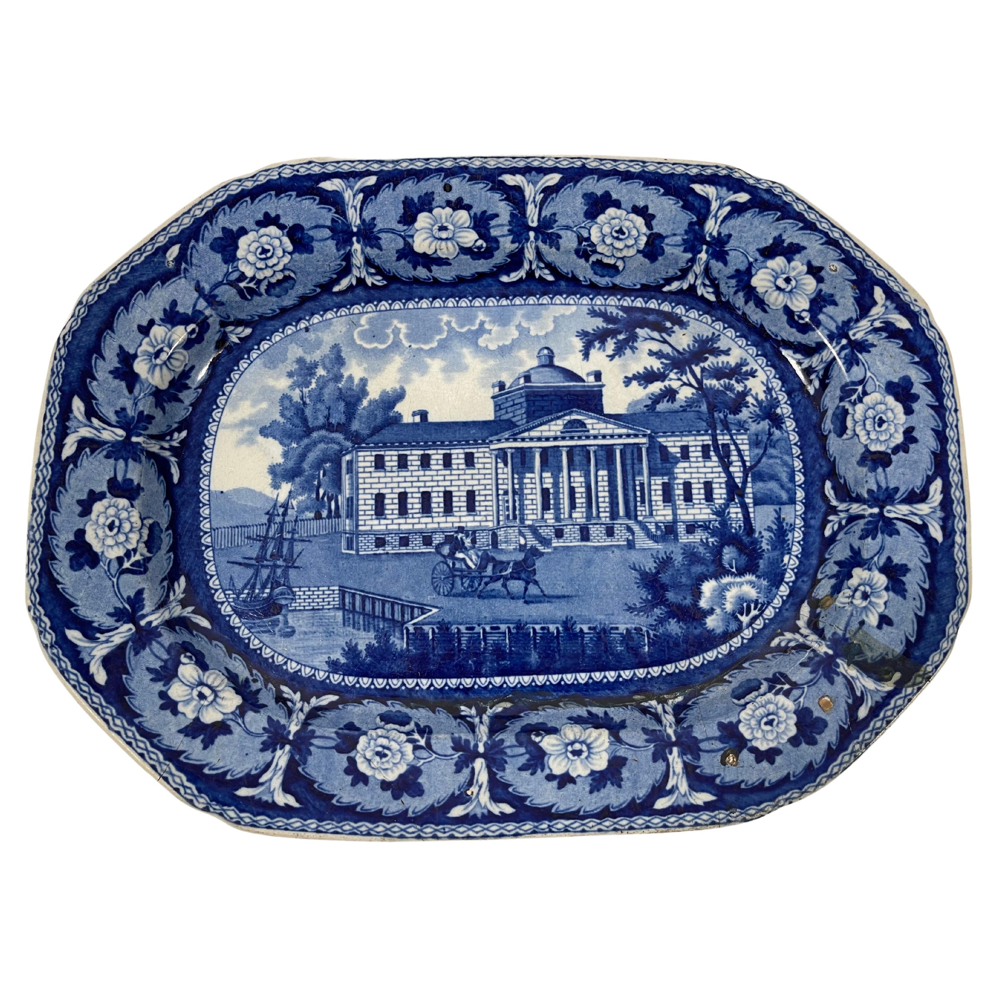 19th Century Blue and White Staffordshire Mass General Hospital Platter