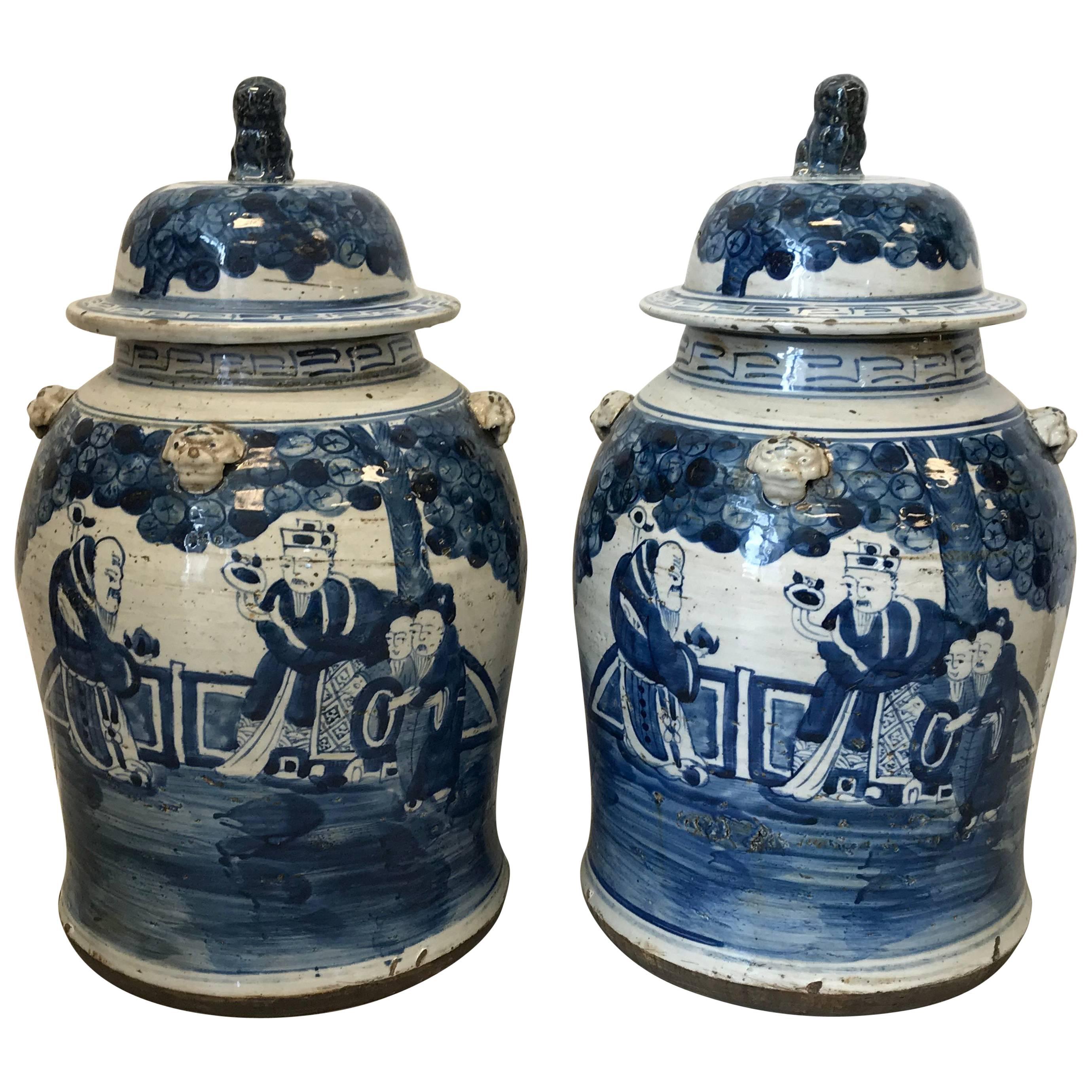 19th Century Blue and White Temple Jars with Ornate Scenery Motif, Pair