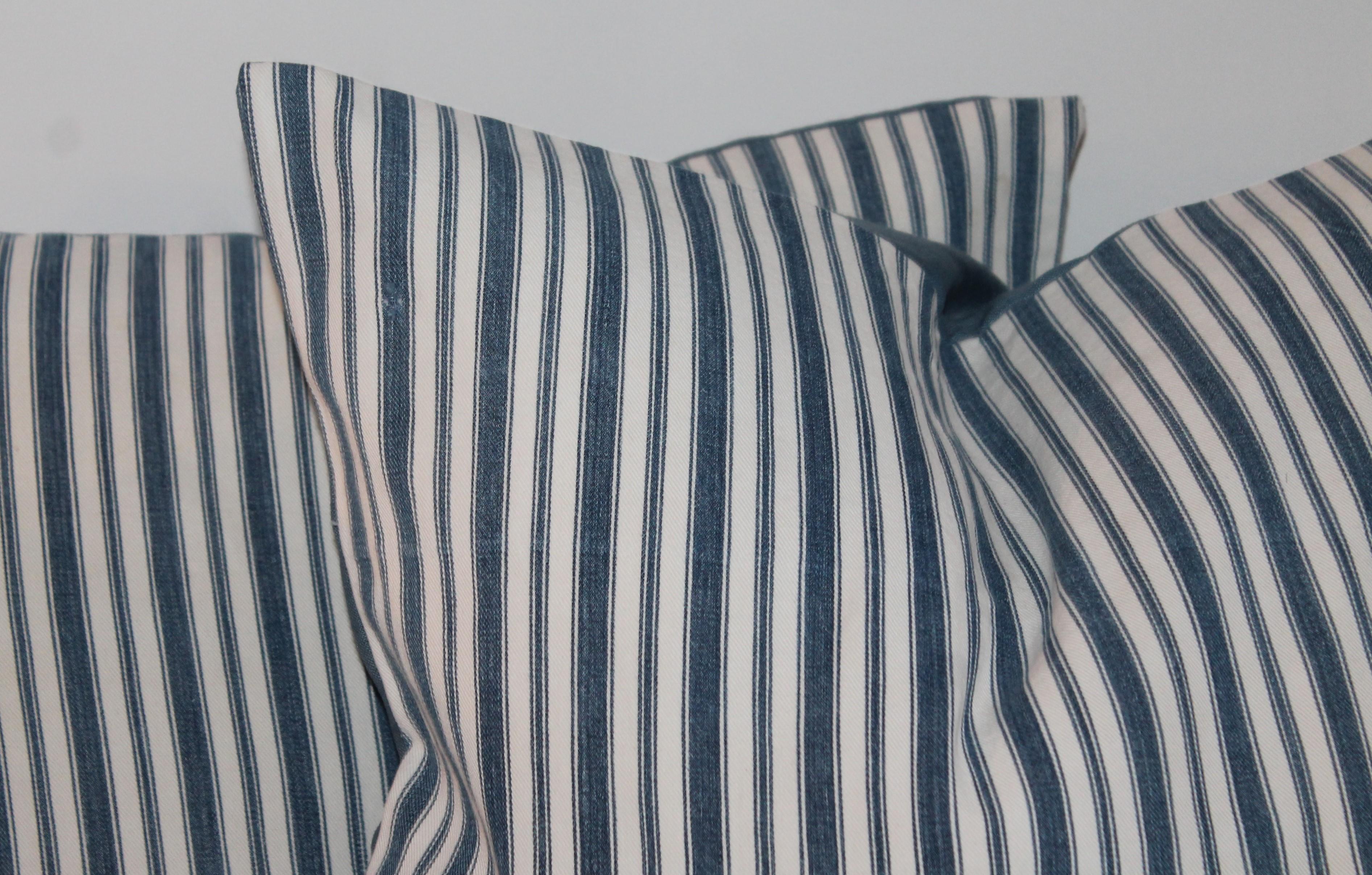 Country 19th Century Blue and White Ticking Stripe Pillows, Pair