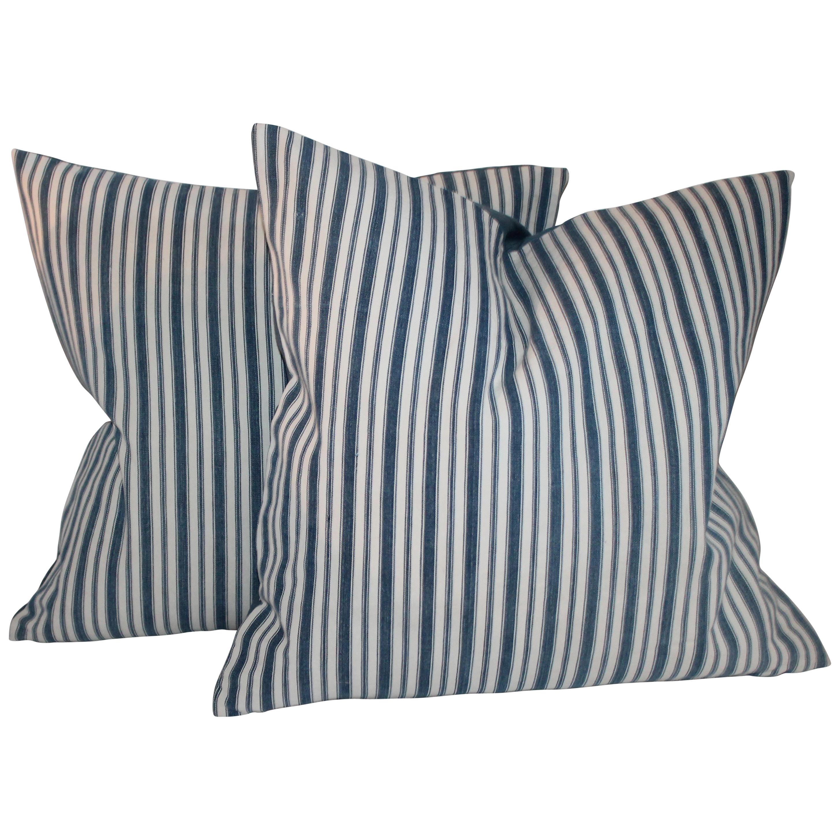 19th Century Blue and White Ticking Stripe Pillows, Pair