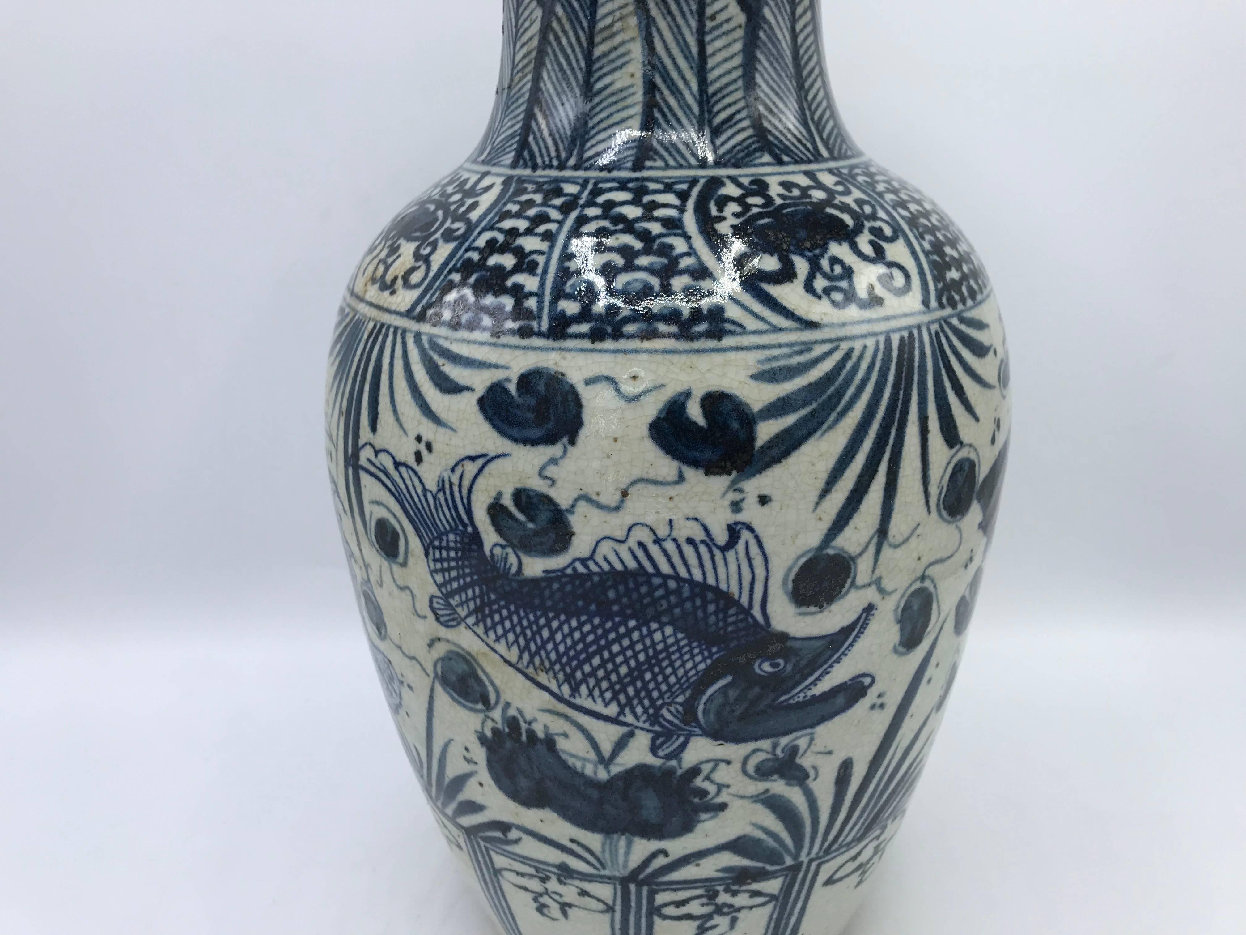 Chinoiserie Blue and White Vase with Fish Motif and Calligraphy