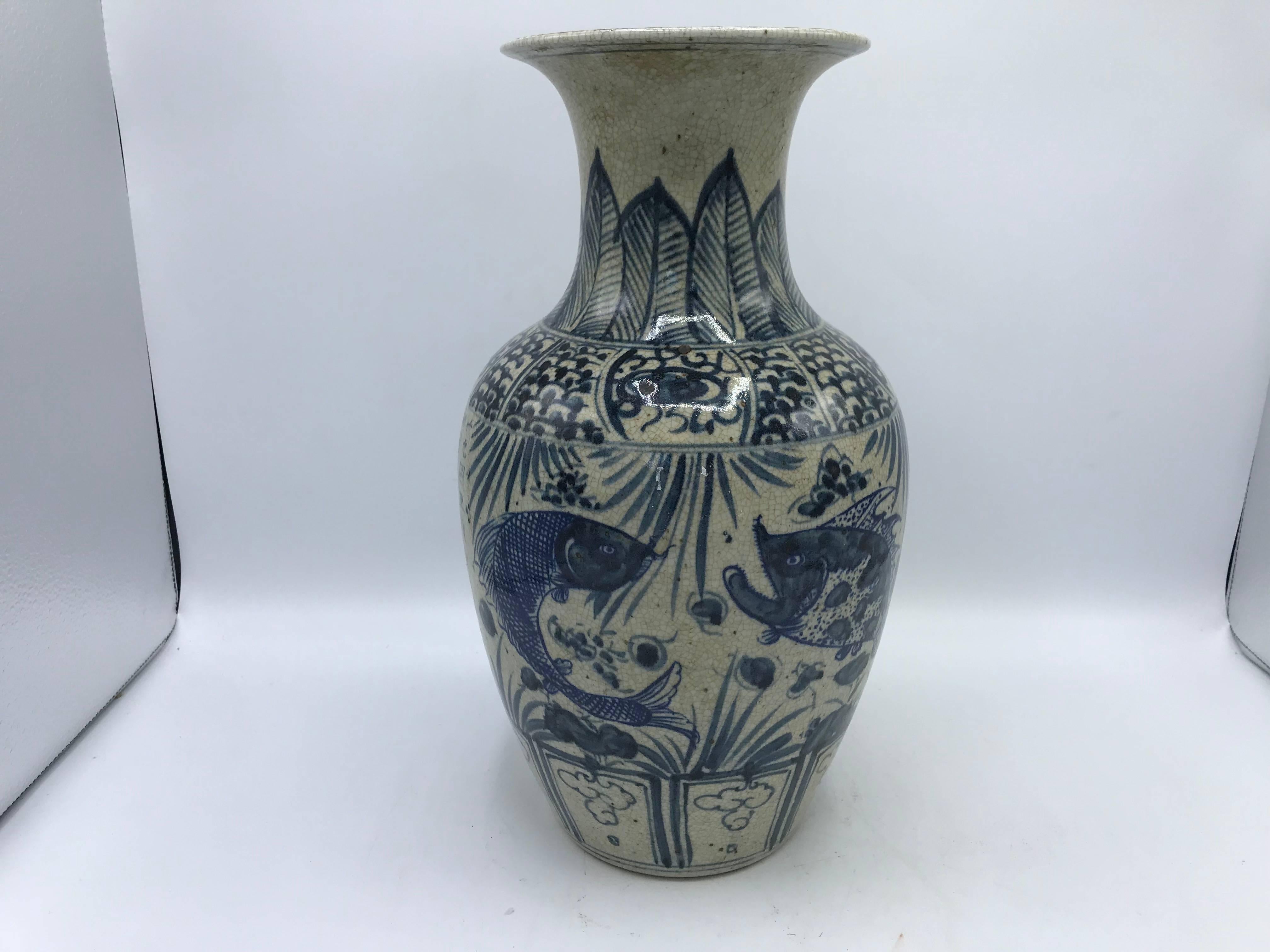 Asian Blue and White Vase with Fish Motif and Calligraphy