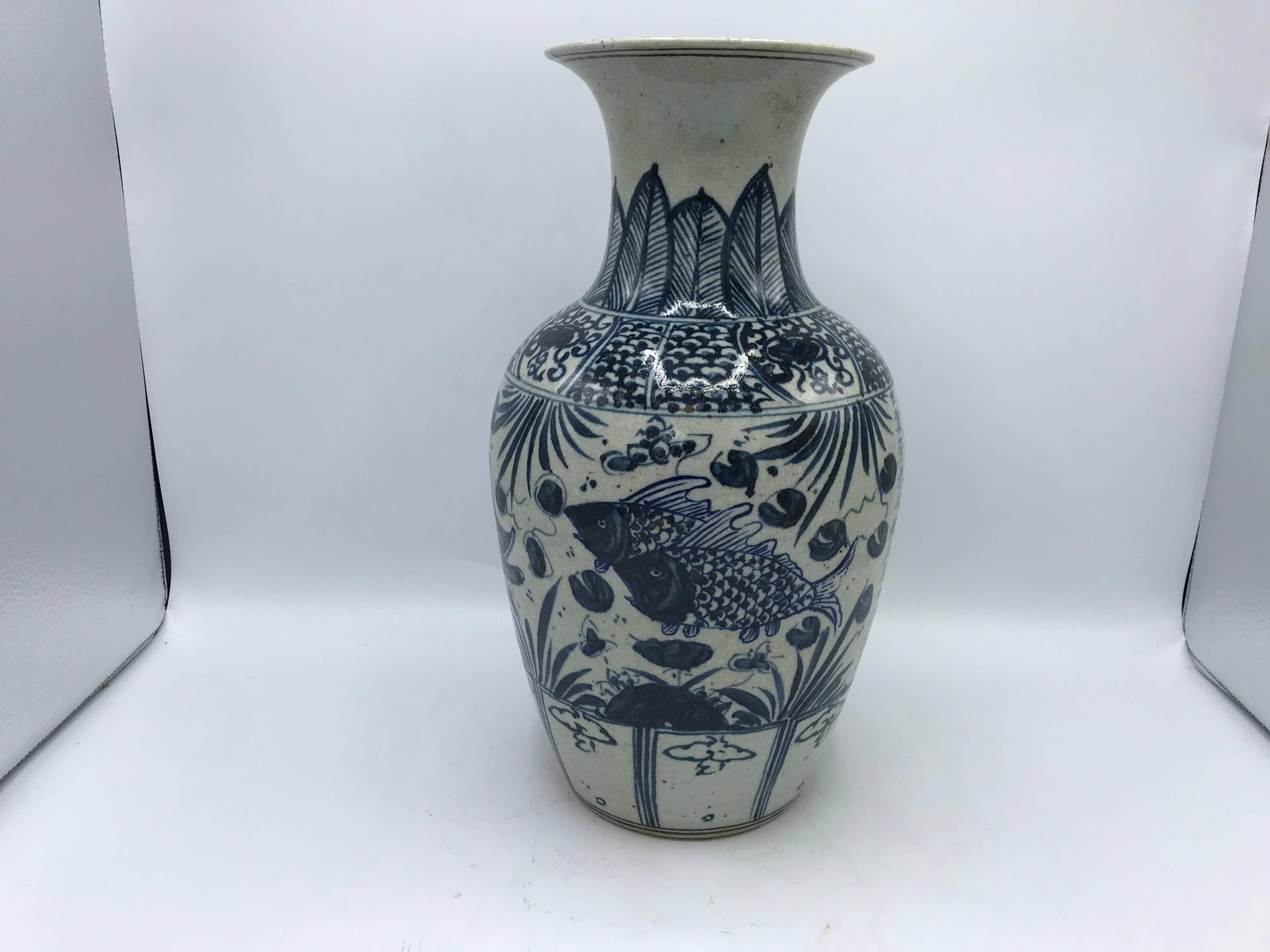 Blue and White Vase with Fish Motif and Calligraphy In Good Condition In Richmond, VA