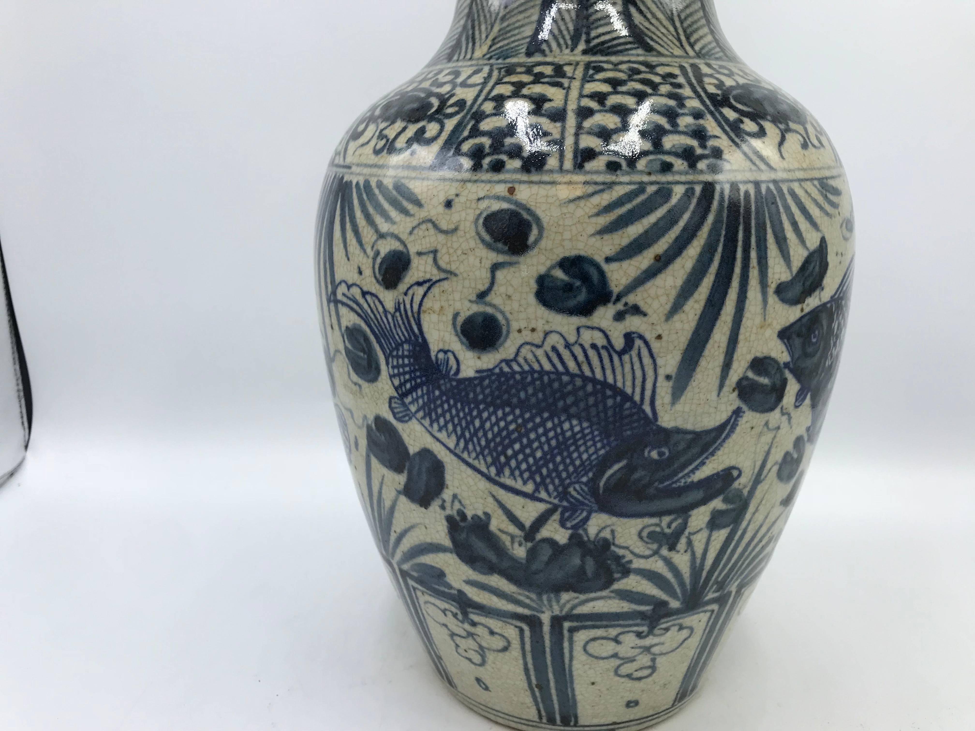 Pottery Blue and White Vase with Fish Motif and Calligraphy